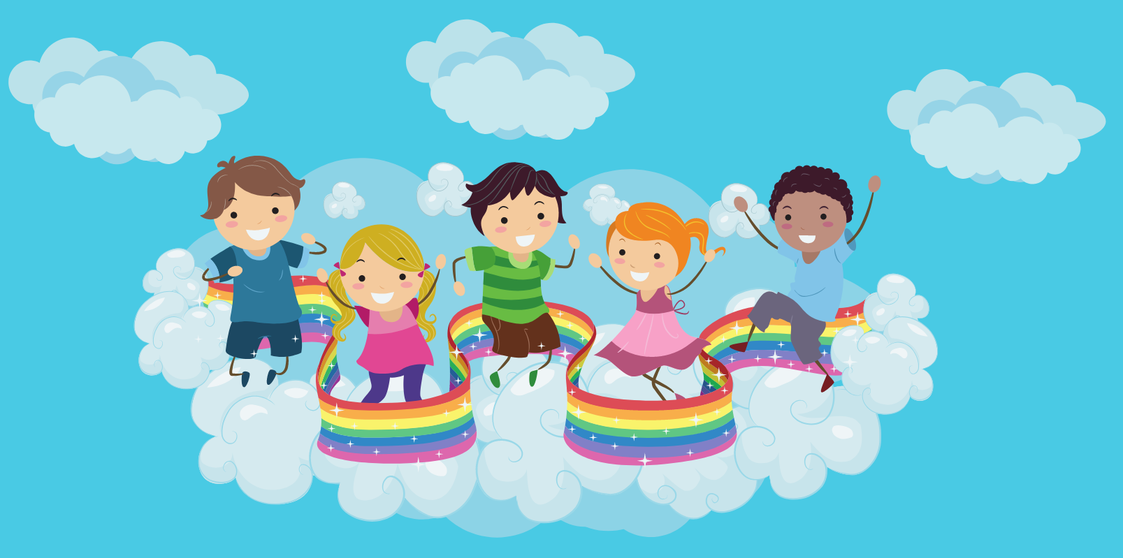 Grafika przedstawia dzieci wśród chmurek, tańczące wokół tęczy.