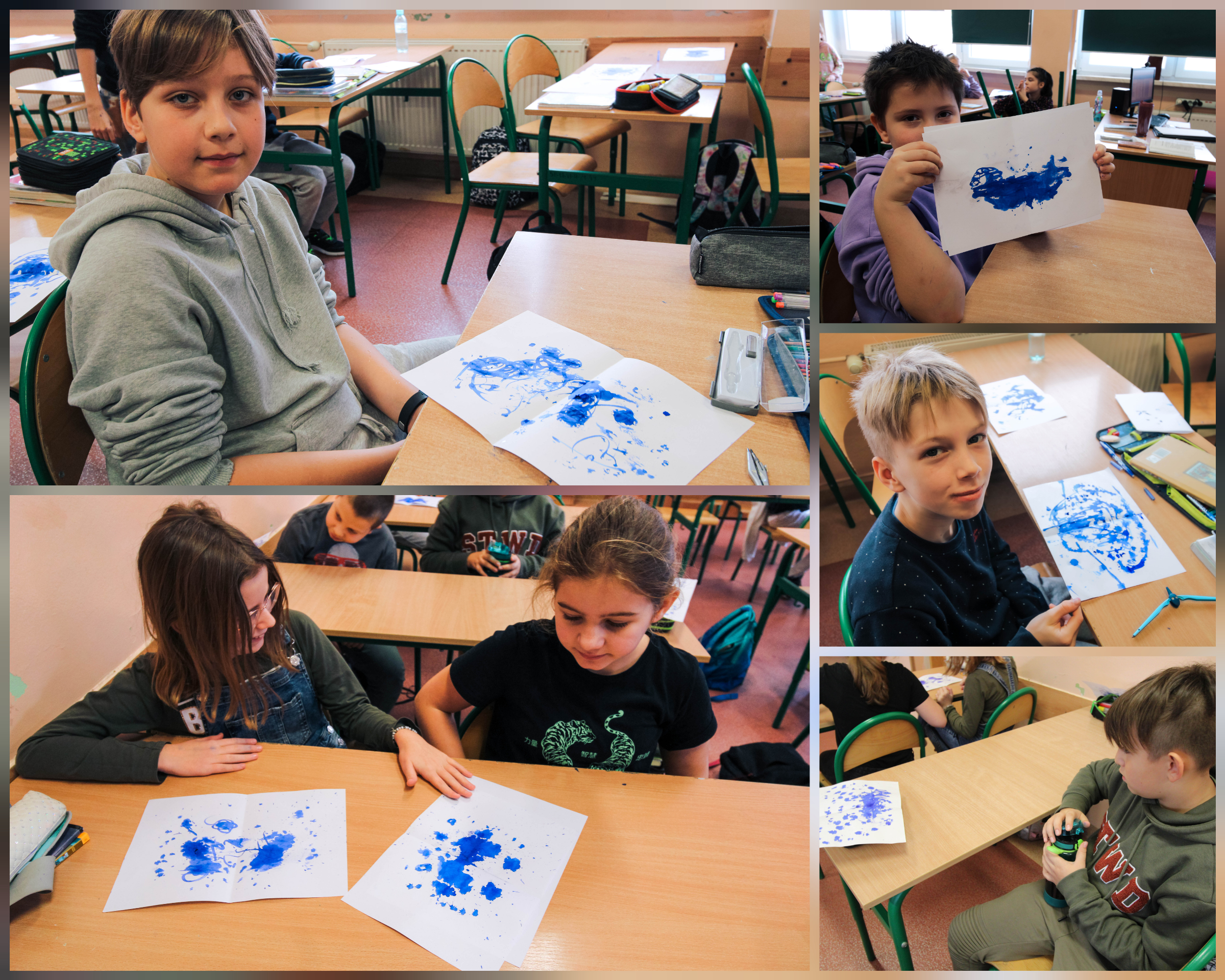 Zdjęcie przedstawia uczniów klasy 4a podczas lekcji kleksografii.