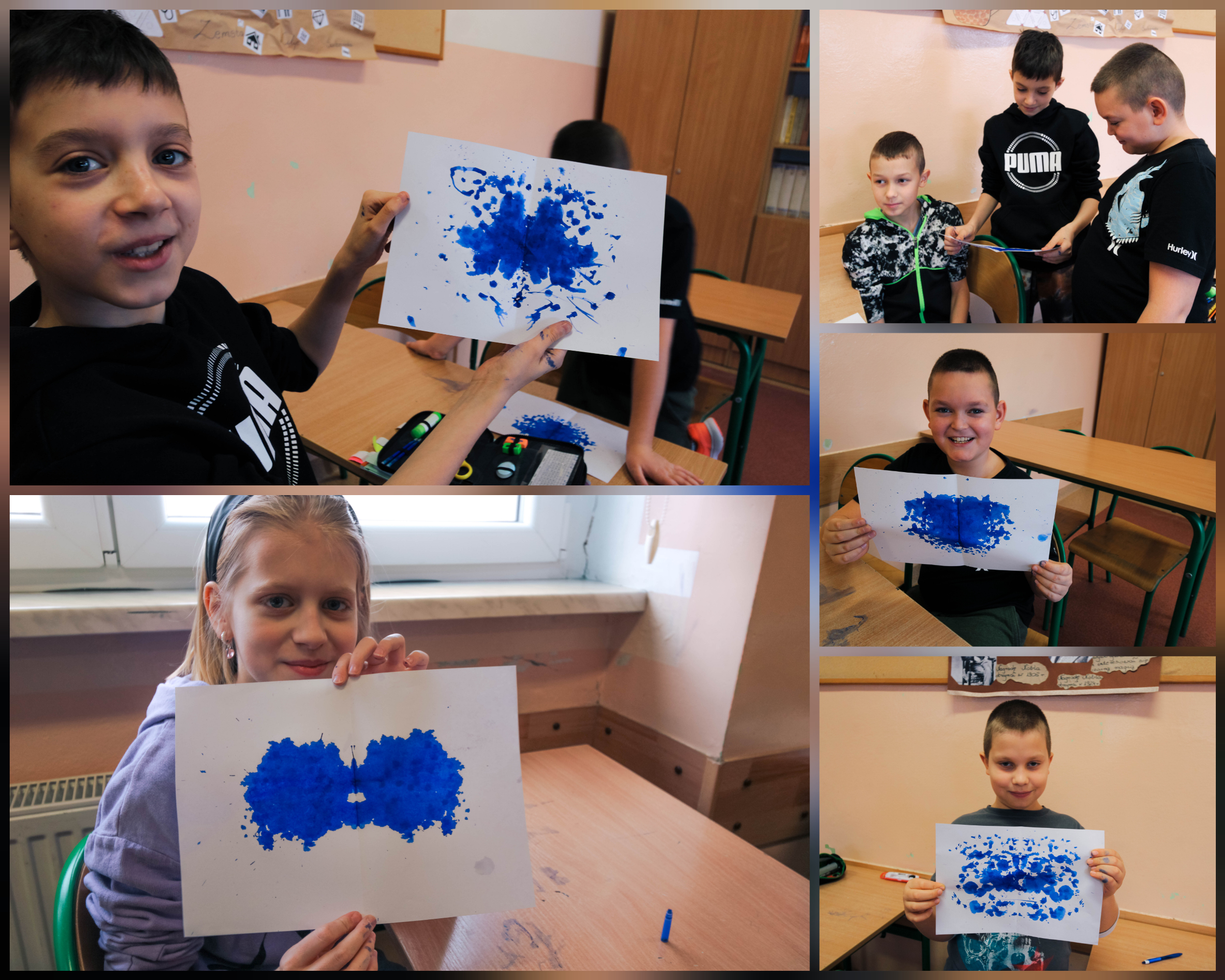 Zdjęcie przedstawia uczniów klasy 4a podczas lekcji kleksografii.