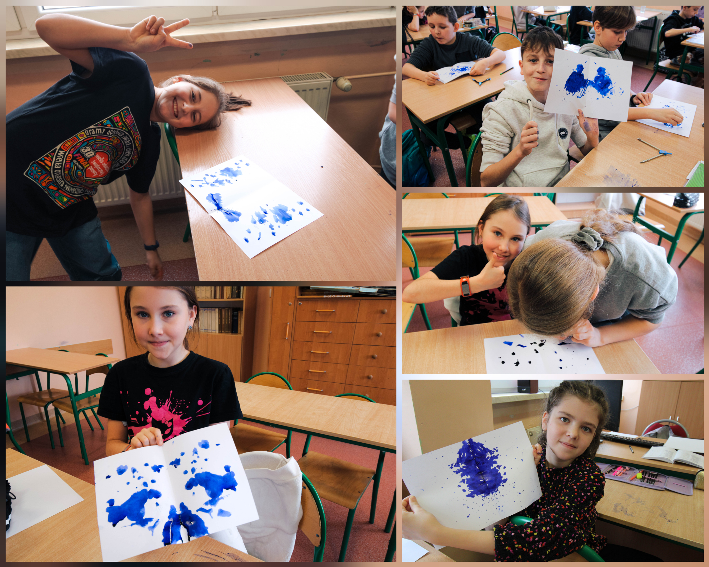 Zdjęcie przedstawia uczniów klasy 4a podczas lekcji kleksografii.