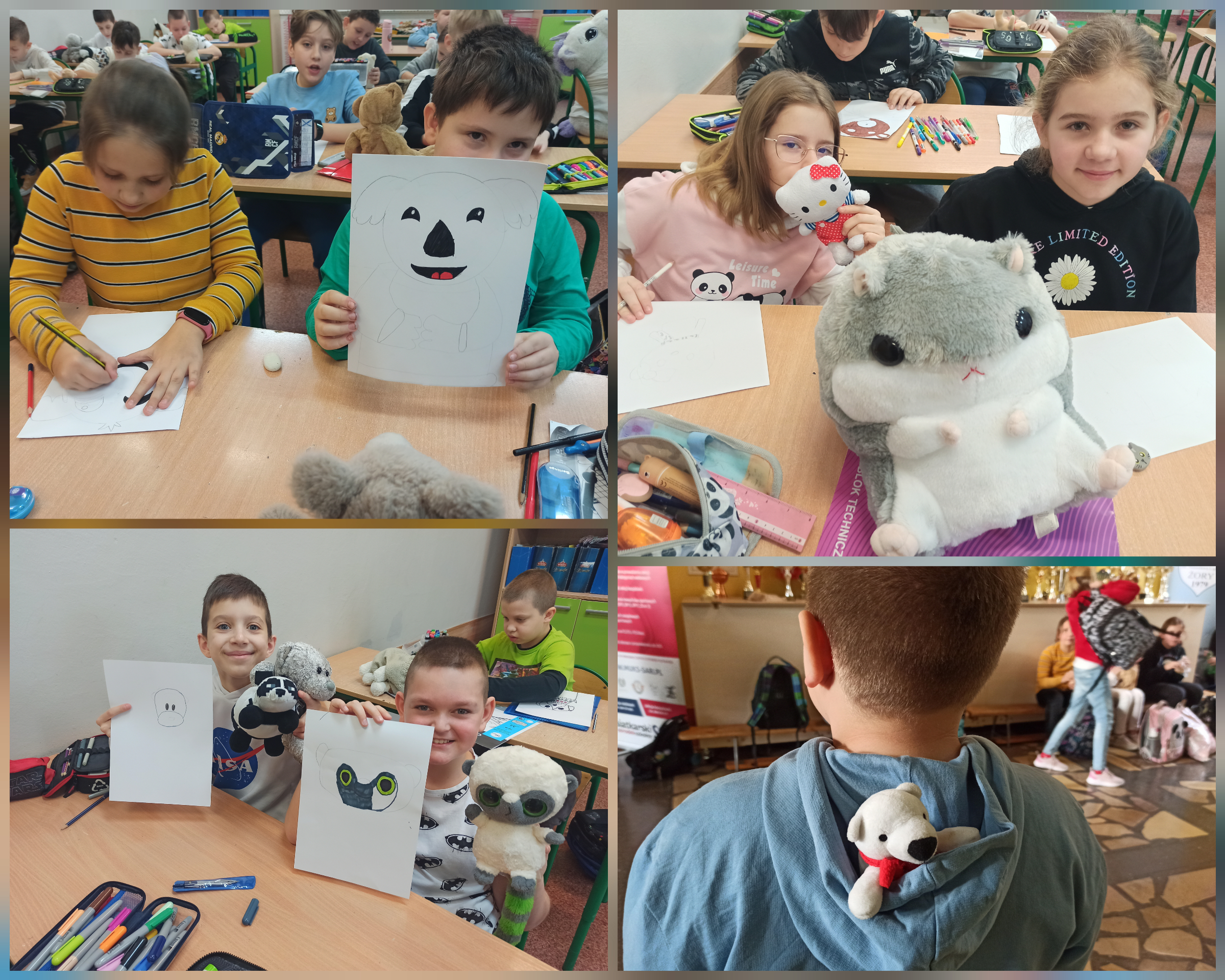 Zdjęcie przedstawia uczniów klas czwartych na lekcji plastyki. Dzieci rysują portrety pluszaków.