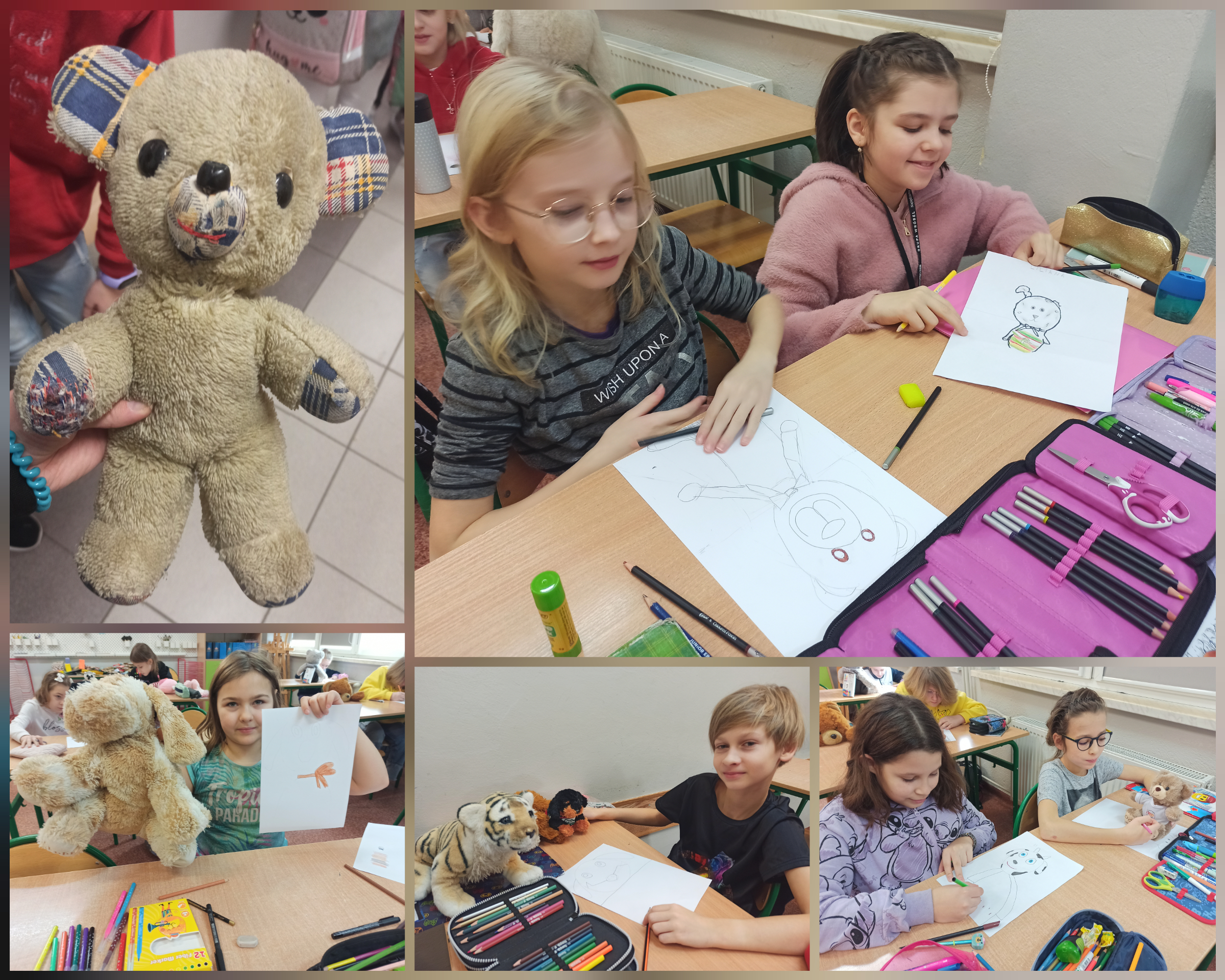 Zdjęcie przedstawia uczniów klas czwartych na lekcji plastyki. Dzieci rysują portrety pluszaków.