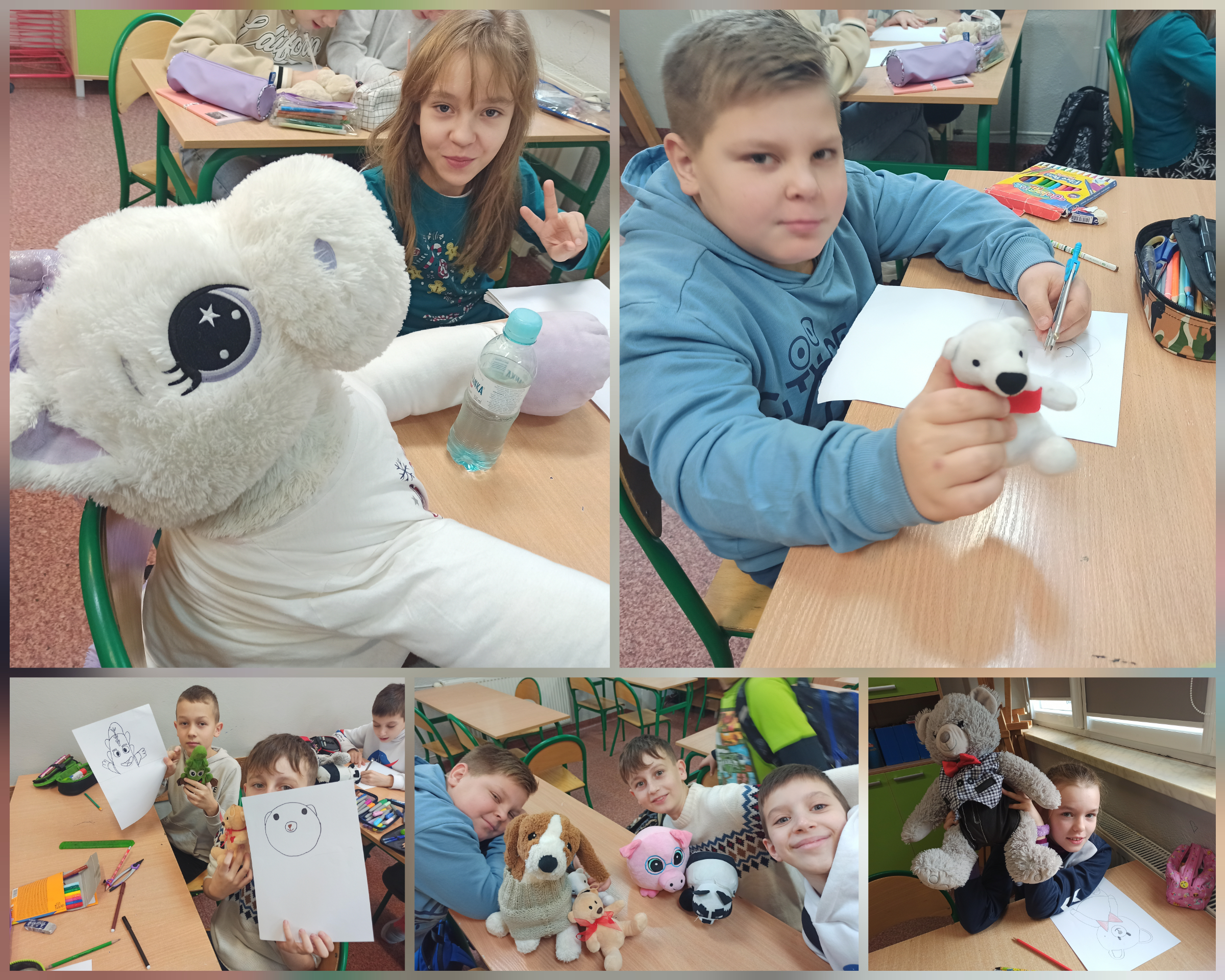 Zdjęcie przedstawia uczniów klas czwartych na lekcji plastyki. Dzieci rysują portrety pluszaków.