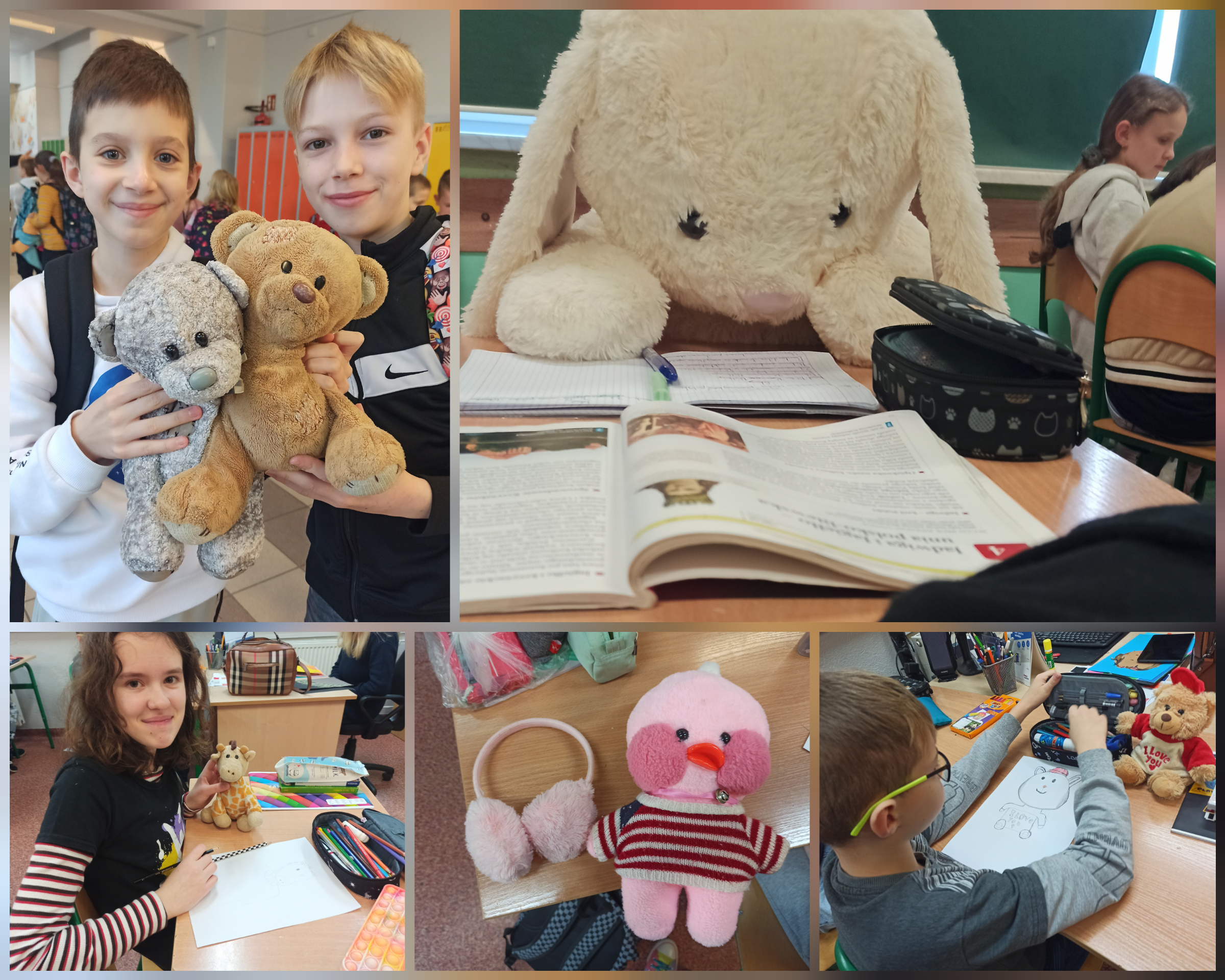 Zdjęcie przedstawia uczniów klas czwartych na lekcji plastyki. Dzieci rysują portrety pluszaków.