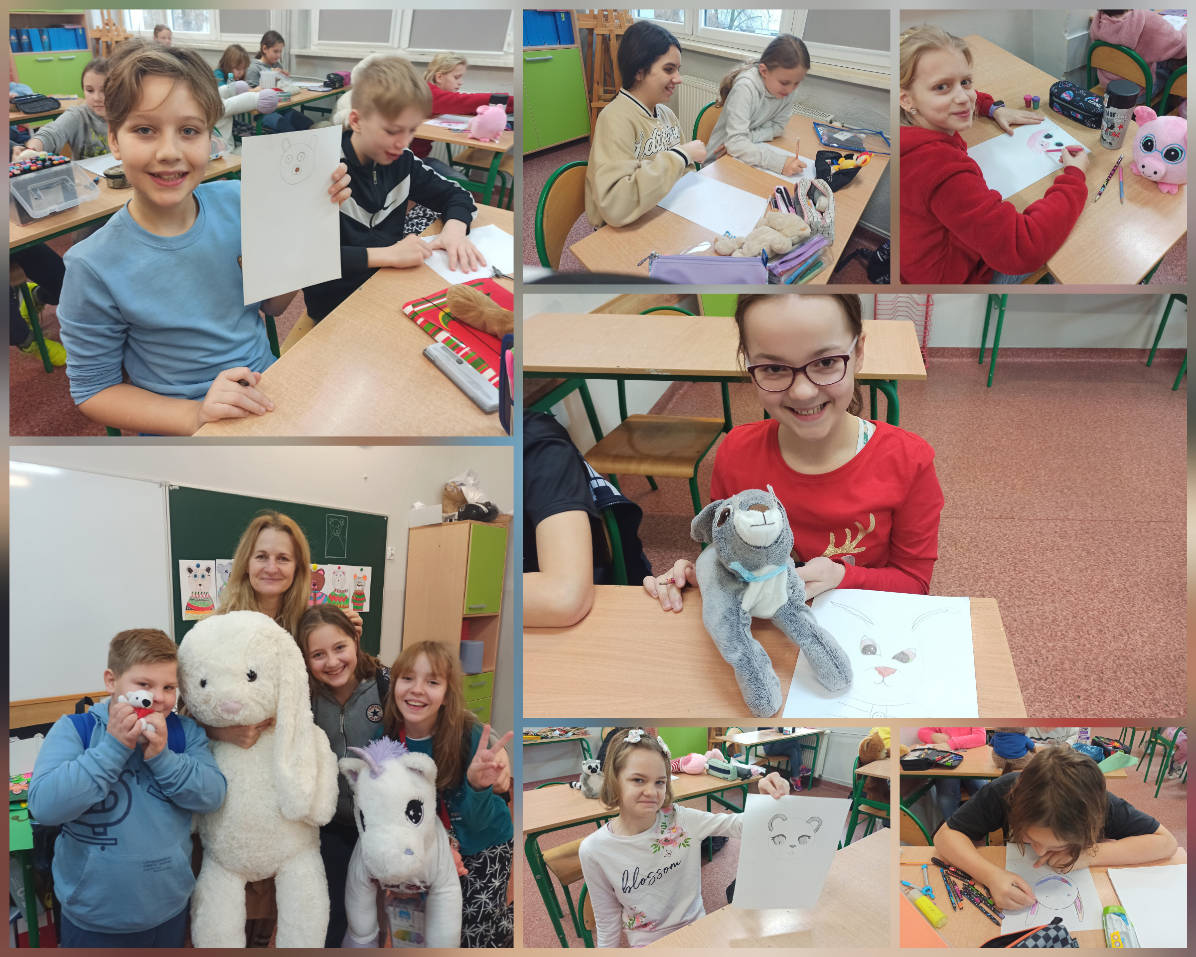 Zdjęcie przedstawia uczniów klas czwartych na lekcji plastyki. Dzieci rysują portrety pluszaków.