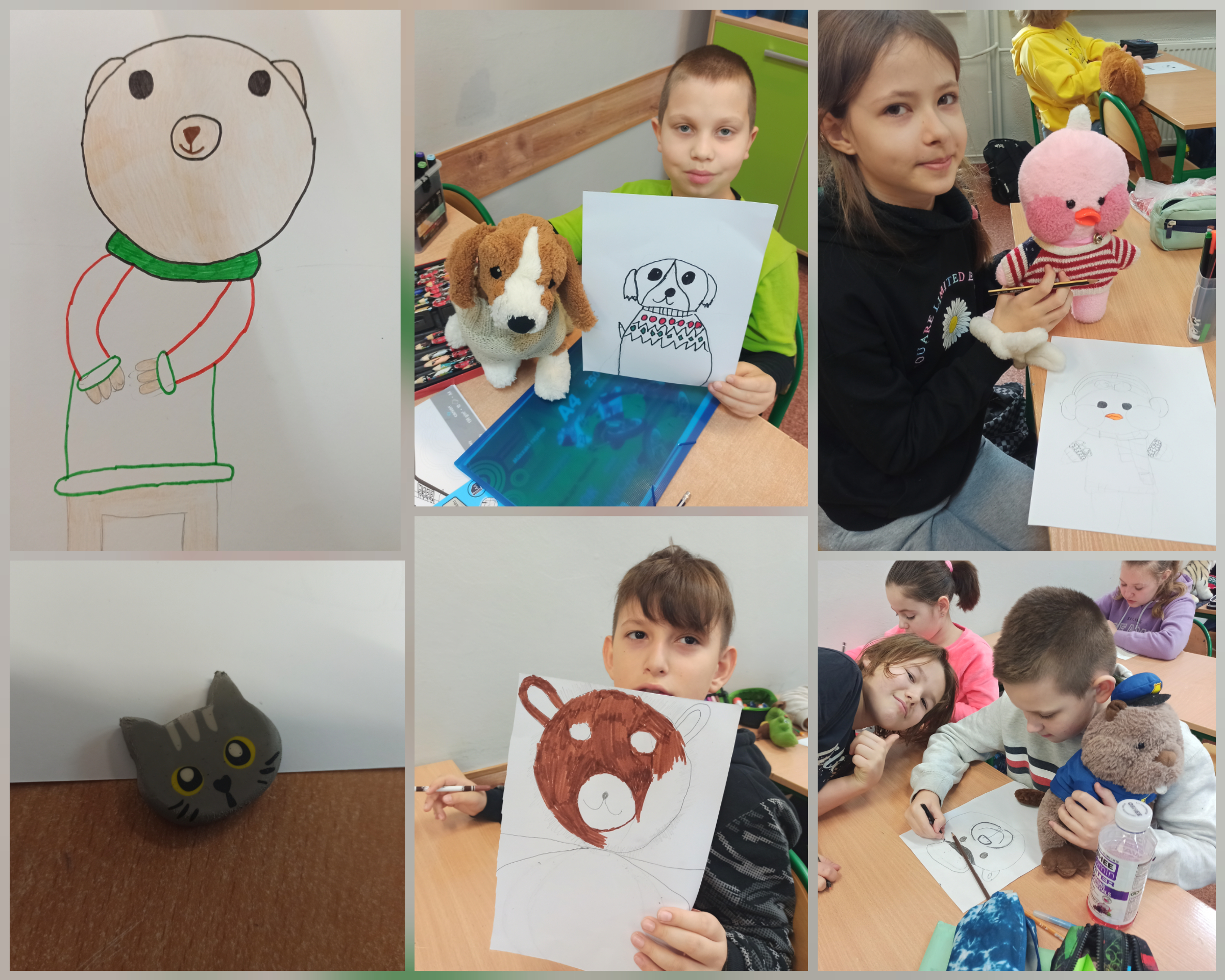 Zdjęcie przedstawia uczniów klas czwartych na lekcji plastyki. Dzieci rysują portrety pluszaków.