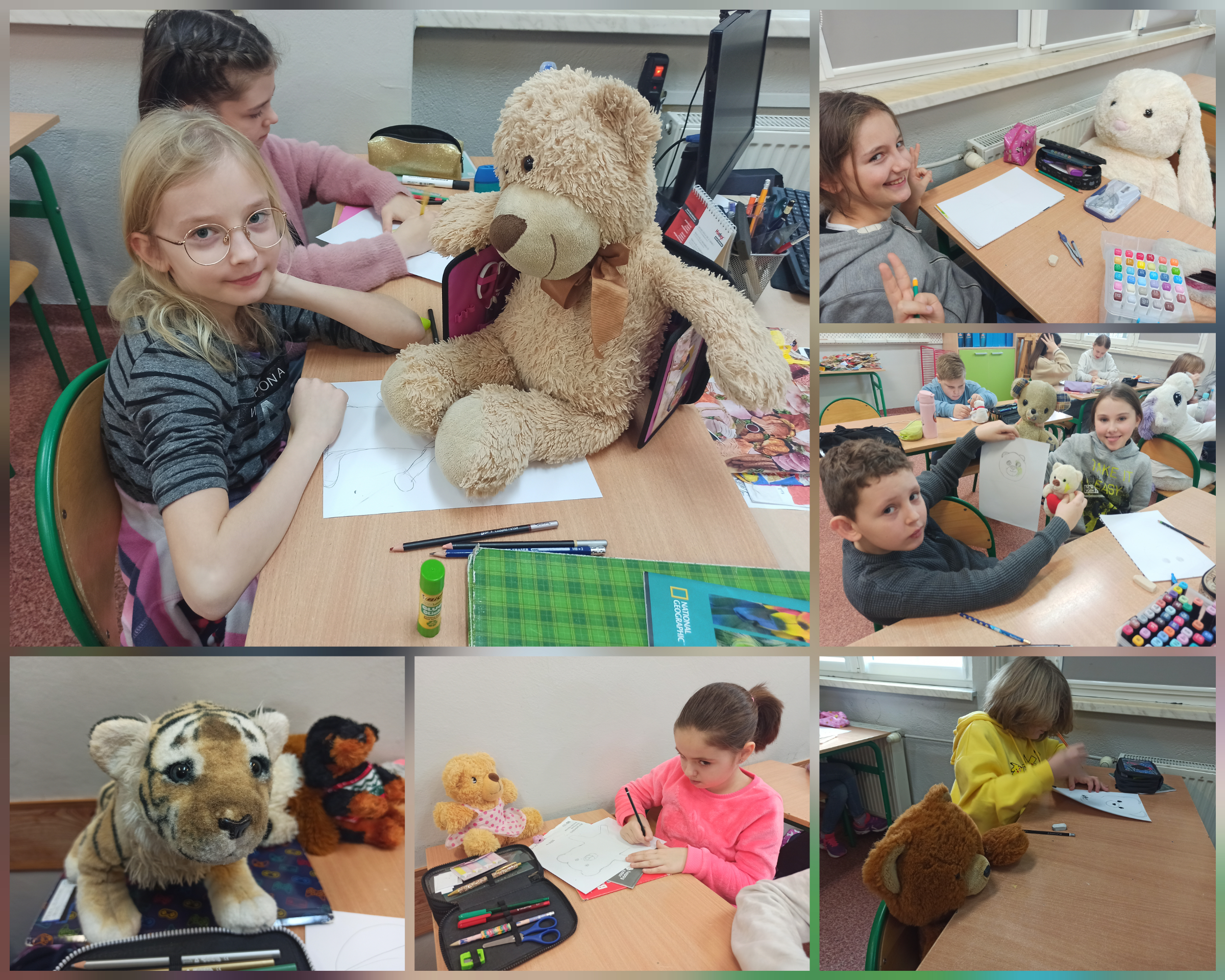 Zdjęcie przedstawia uczniów klas czwartych na lekcji plastyki. Dzieci rysują portrety pluszaków.