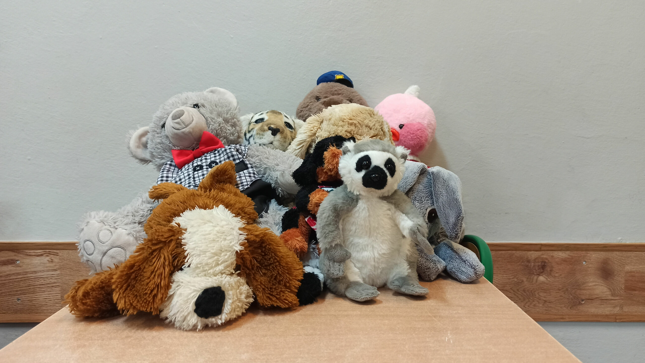 Zdjęcie przedstawia zabawki pluszowe ułożone na szkolnej ławce.