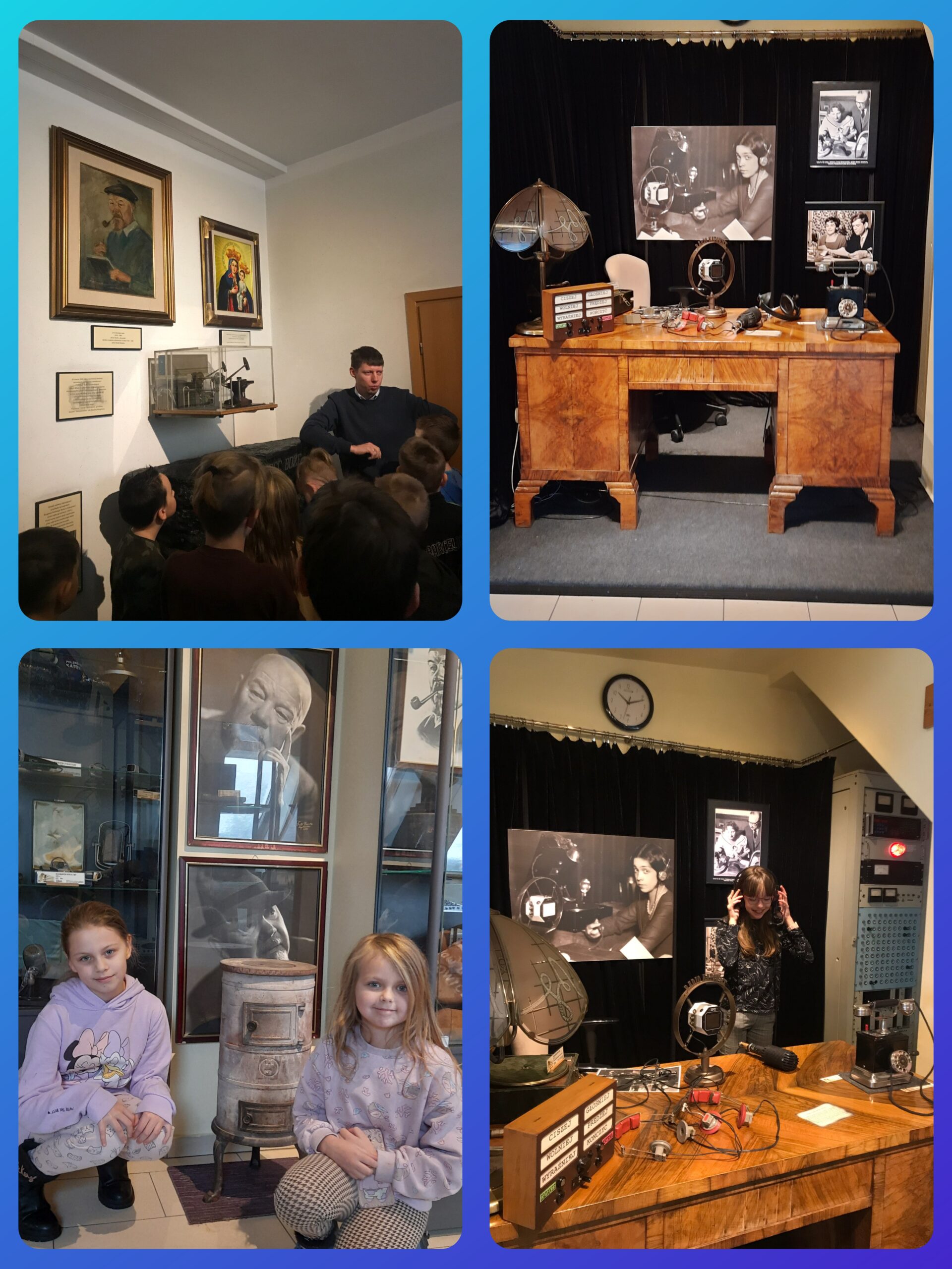 Zdjęcie przedstawia fotorelację z wycieczki do Regionalnej Rozgłośni Polskiego Radia w Katowicach. Na zdjęciach uczniowie klasy 3a i 5b oraz pracownicy radia.