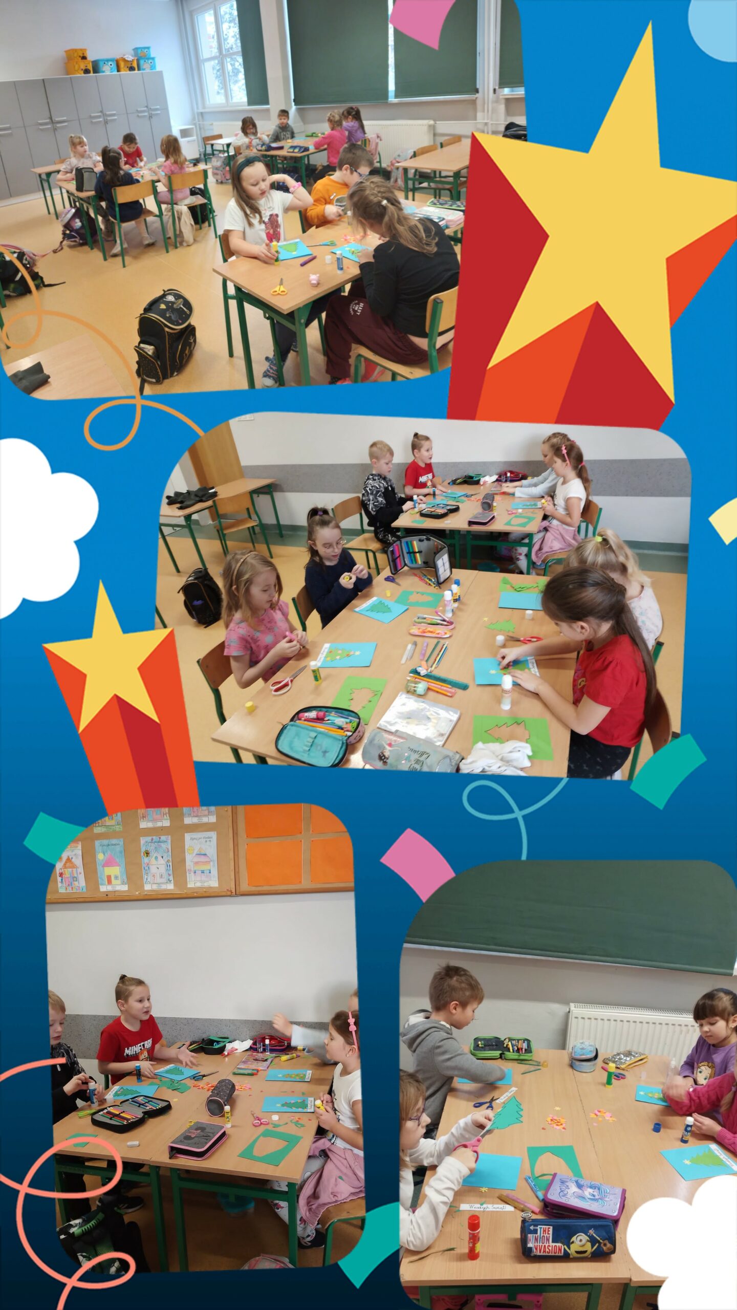 Zdjęcie przedstawia uczniów klasy 1a, 2b, 3b podczas przygotowywania pięknych kartek świątecznych dla podopiecznych, wolontariuszy i pracowników żorskiego hospicjum.