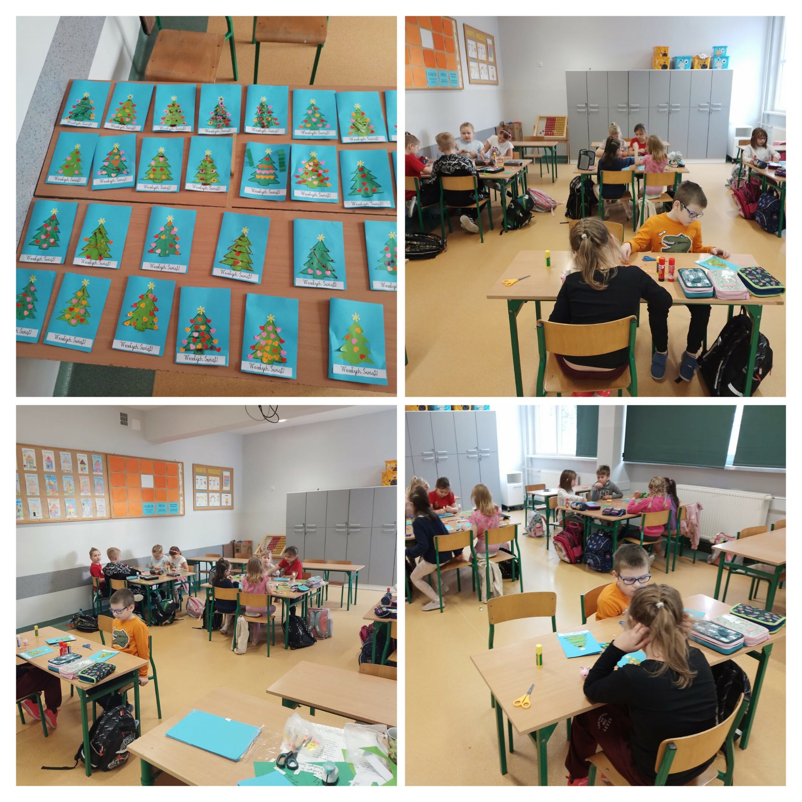Zdjęcie przedstawia uczniowie klasy 1a, 2b, 3b podczas przygotowywania pięknych kartek świątecznych dla podopiecznych, wolontariuszy i pracowników żorskiego hospicjum.