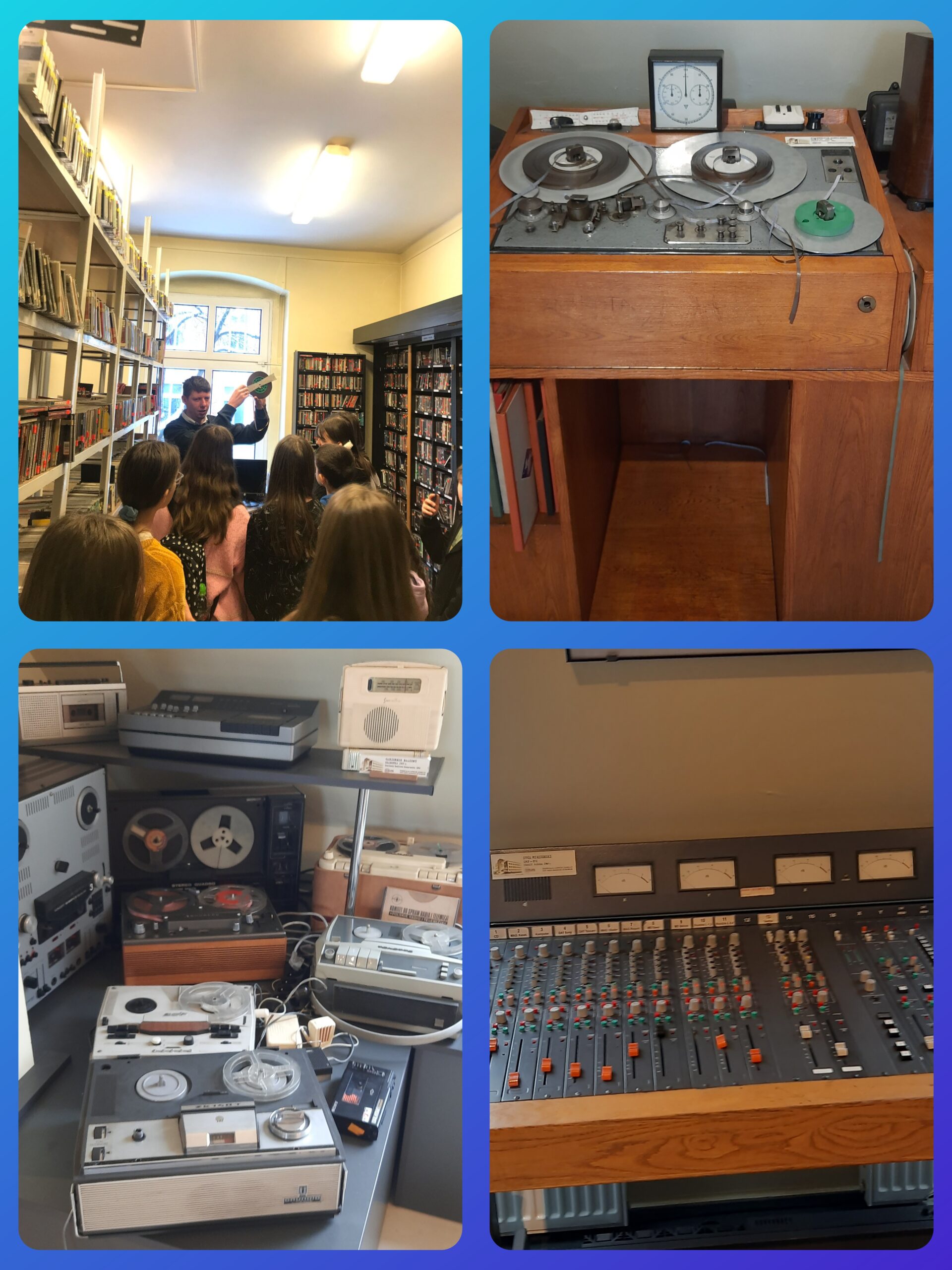 Zdjęcie przedstawia fotorelację z wycieczki do Regionalnej Rozgłośni Polskiego Radia w Katowicach. Na zdjęciach uczniowie klasy 3a i 5b oraz pracownicy radia.