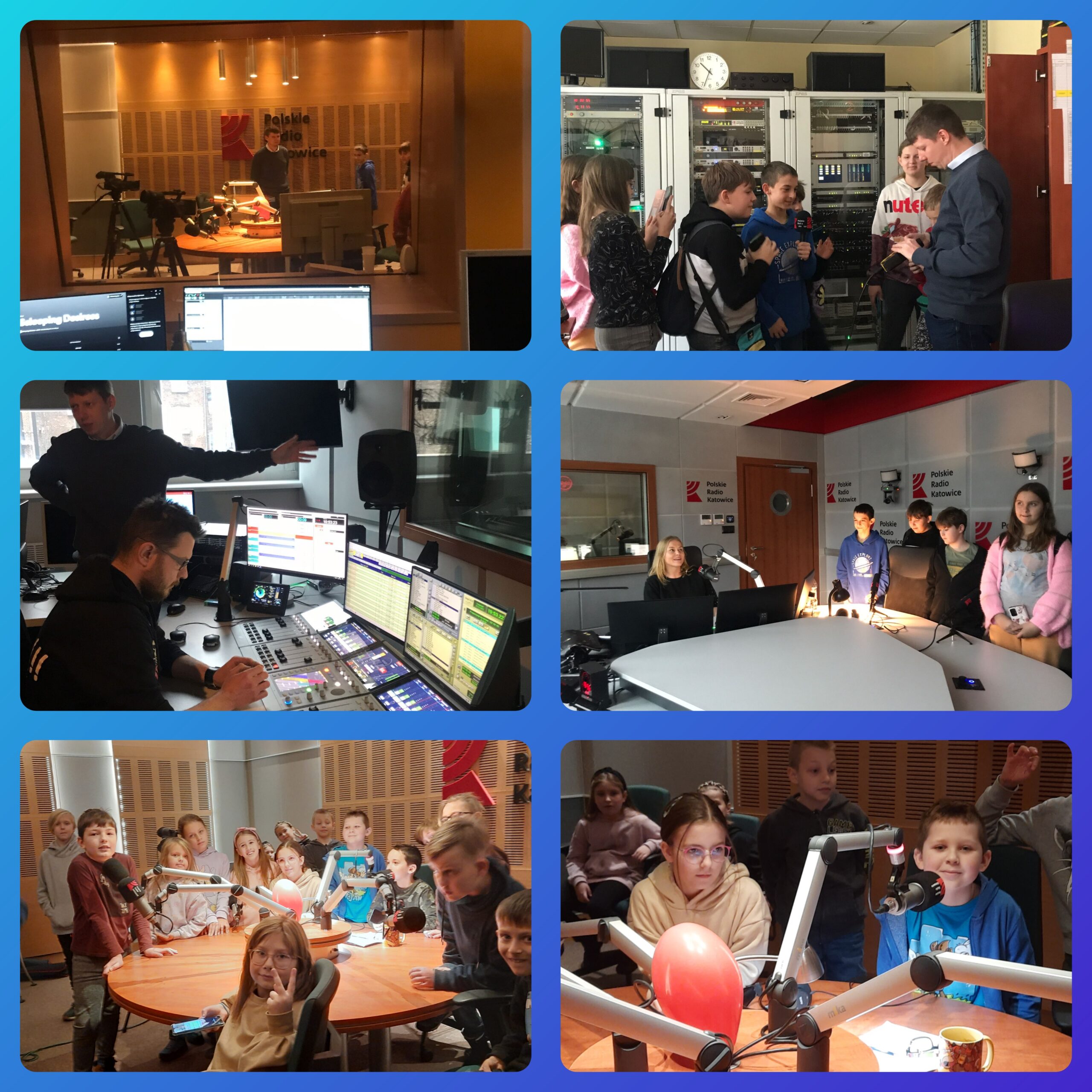 Zdjęcie przedstawia fotorelację z wycieczki do Regionalnej Rozgłośni Polskiego Radia w Katowicach. Na zdjęciach uczniowie klasy 3a i 5b oraz pracownicy radia.