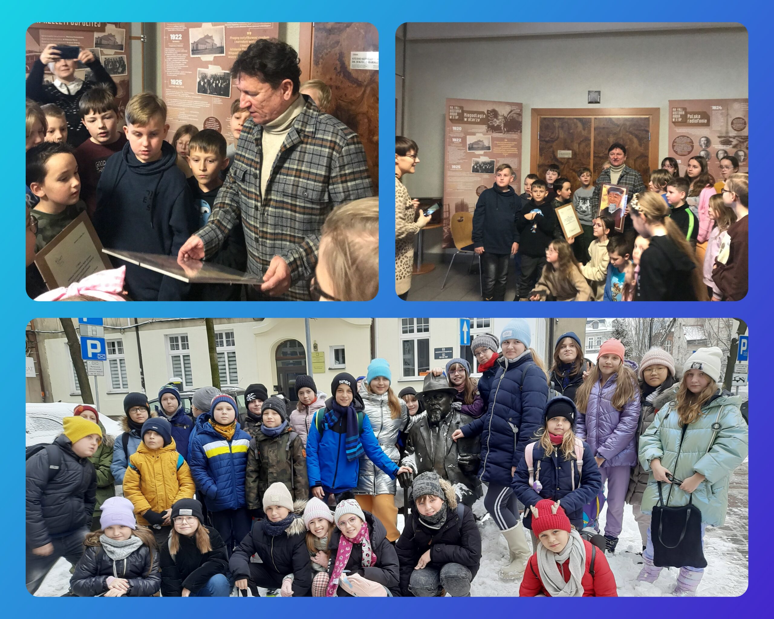 Zdjęcie przedstawia fotorelację z wycieczki do Regionalnej Rozgłośni Polskiego Radia w Katowicach. Na zdjęciach uczniowie klasy 3a i 5b oraz pracownicy radia.