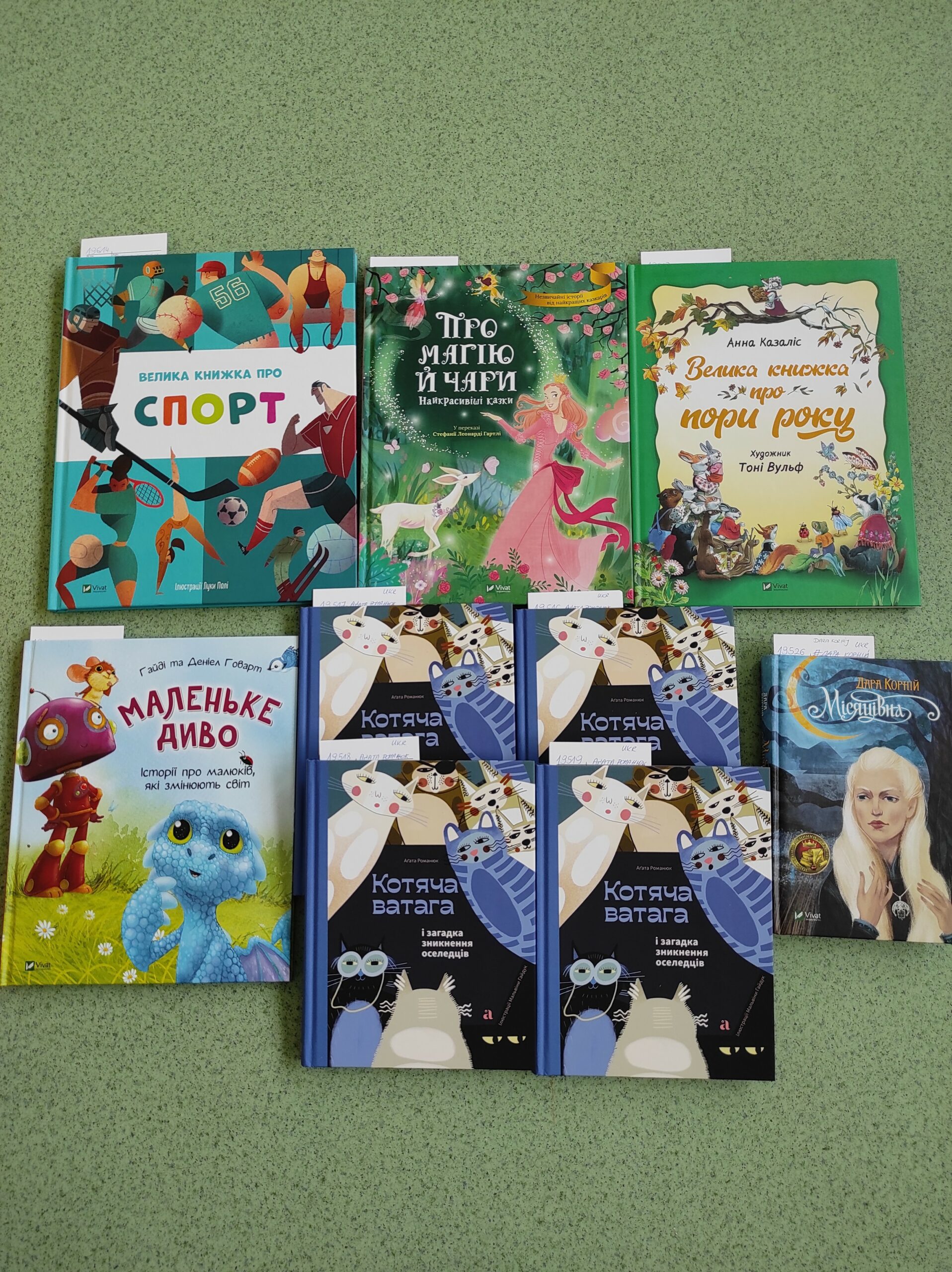 Zdjęcie przedstawia nowe propozycje litera­tu­ry dziecię­cej w języku ukraiń­skim dostęp­nej w szkolnej bibliotece.