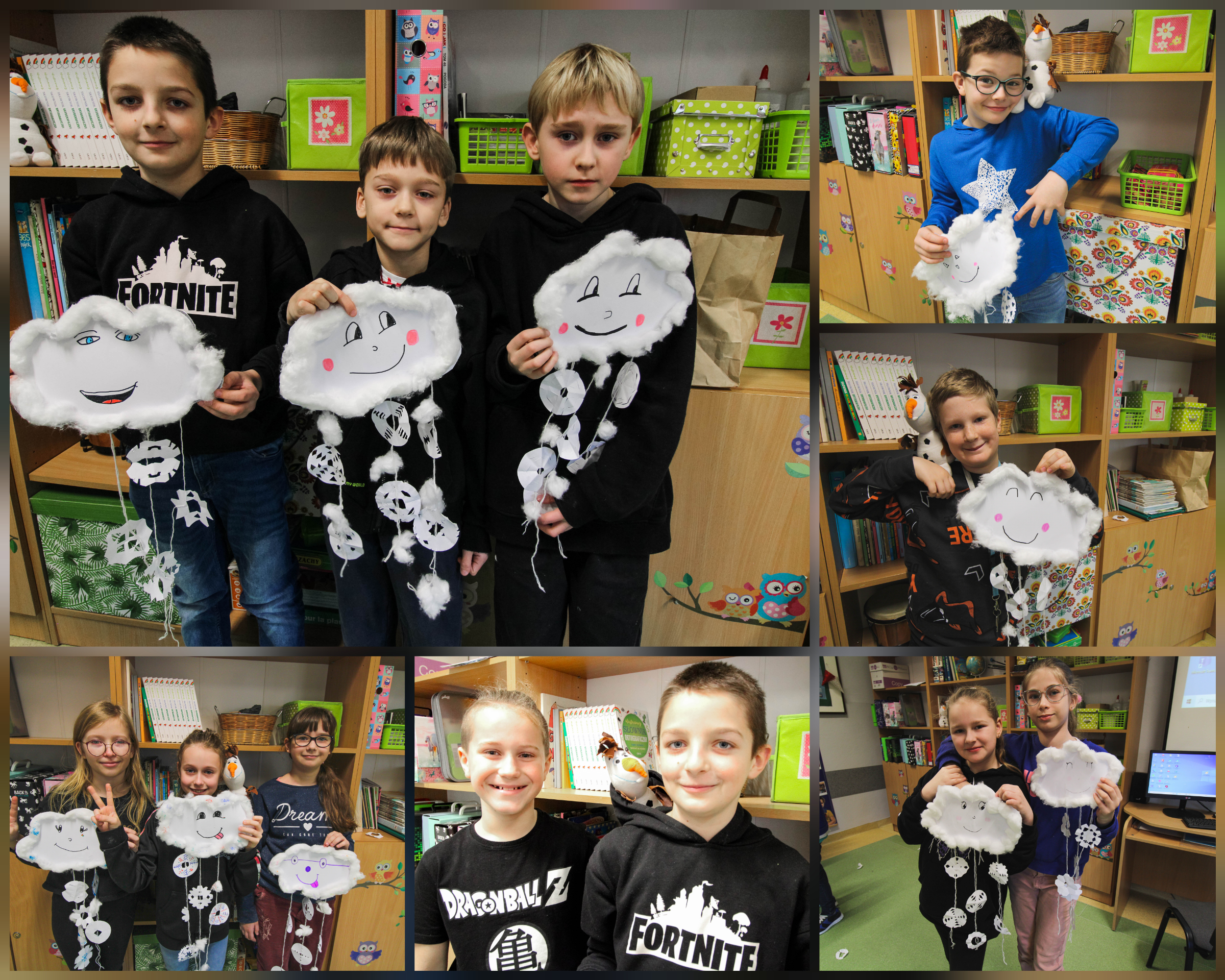 Śnieżne chmurki wykonane przez uczniów klasy 3b na lekcji plastyki.