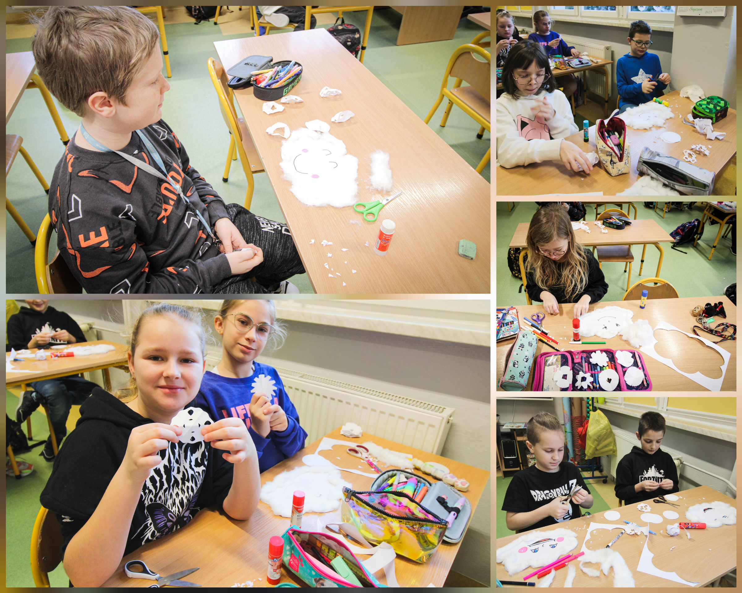 Śnieżne chmurki wykonane przez uczniów klasy 3b na lekcji plastyki.