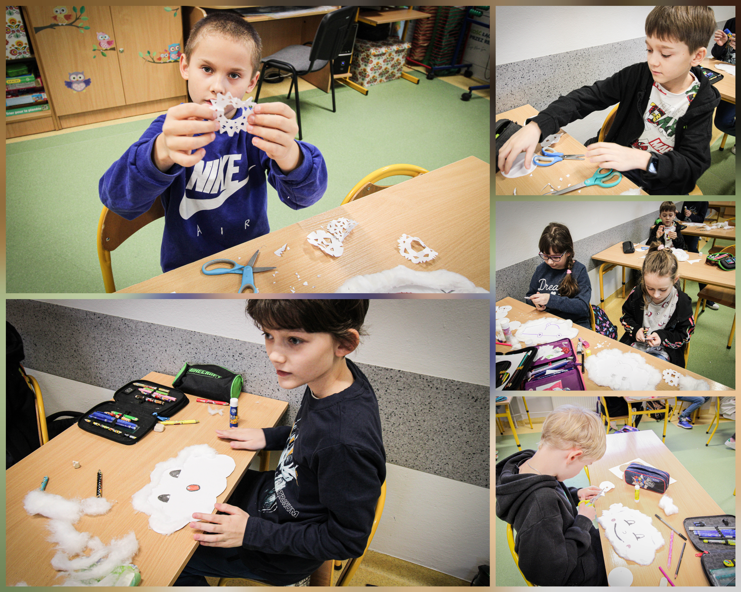 Śnieżne chmurki wykonane przez uczniów klasy 3b na lekcji plastyki.