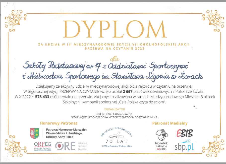 Dyplom udziału szkoły w III Międzynarodowej Edycji VII Ogólnopolskiej Akcji Przerwa na Czytanie