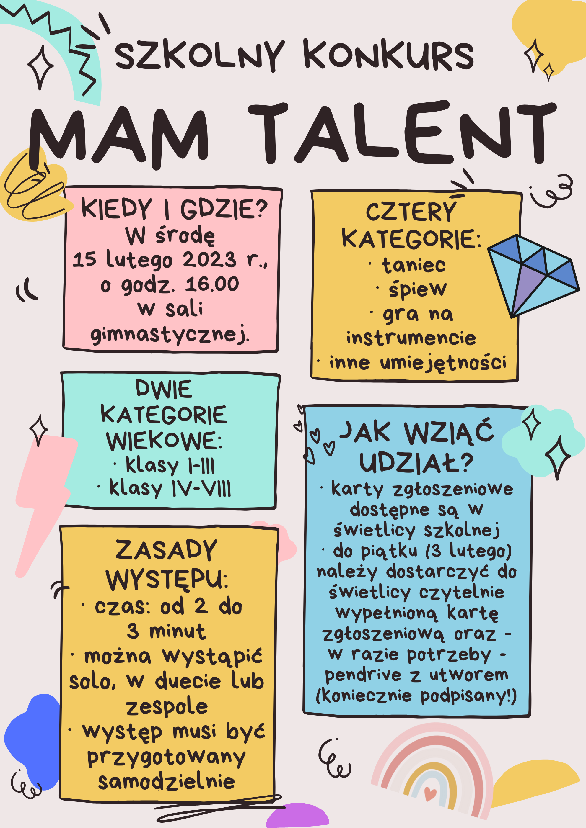 Infografika: Informacje dotyczące Szkolnego Konkursu "Mam Talent"