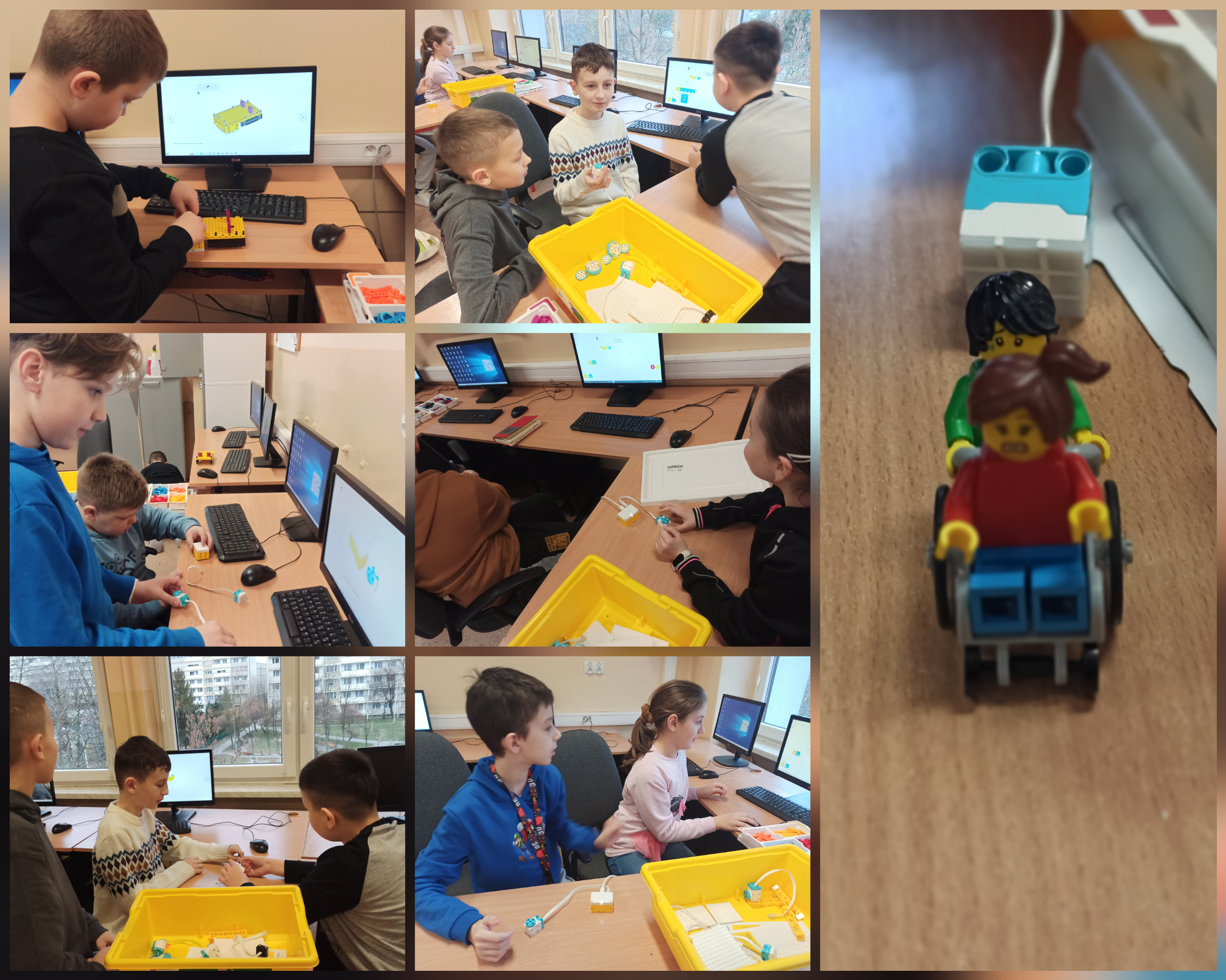 Zdjęcia przedstawiają uczniów i uczennice podczas pracy z klockami LEGO w czasie lekcji informatyki.