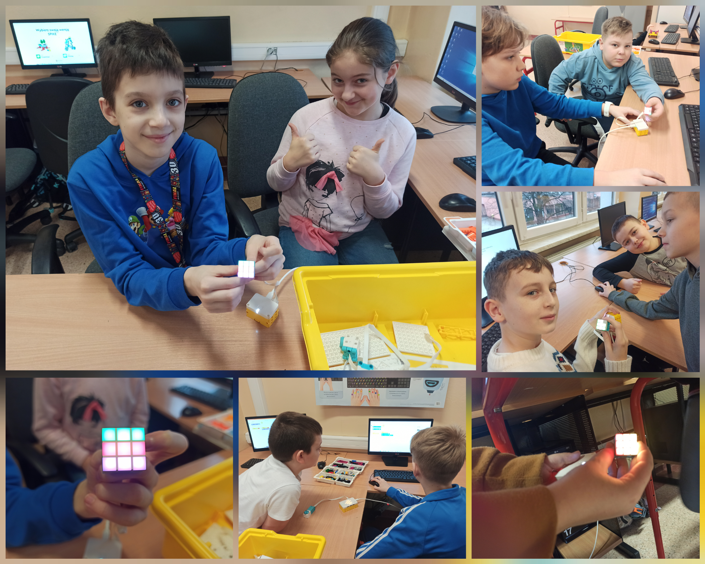 Zdjęcia przedstawiają uczniów i uczennice podczas pracy z klockami LEGO w czasie lekcji informatyki.