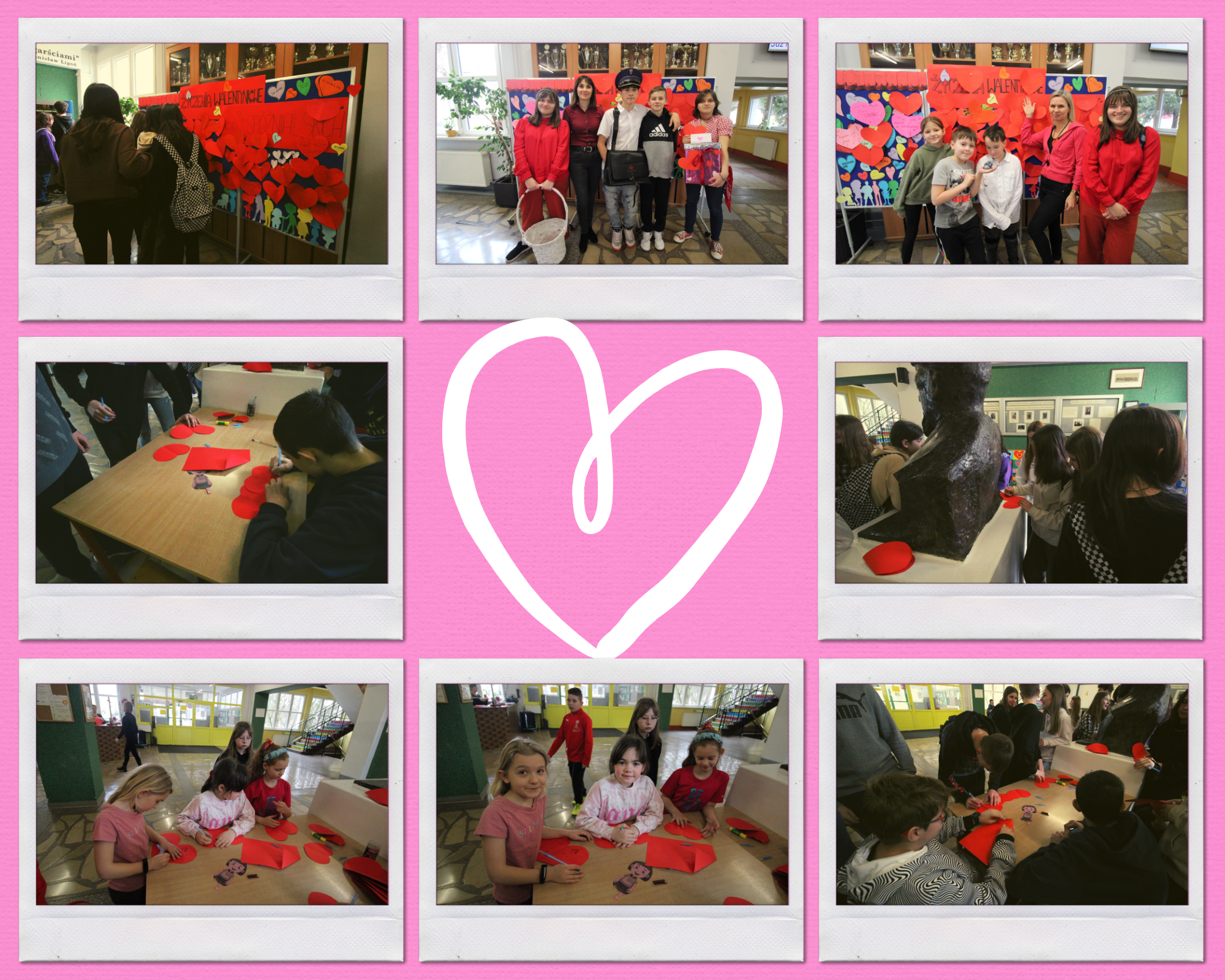 Zdjęcie przedstawia uczniów i uczennice naszej szkoły w czasie różnych aktywności związanych z walentynkami.
