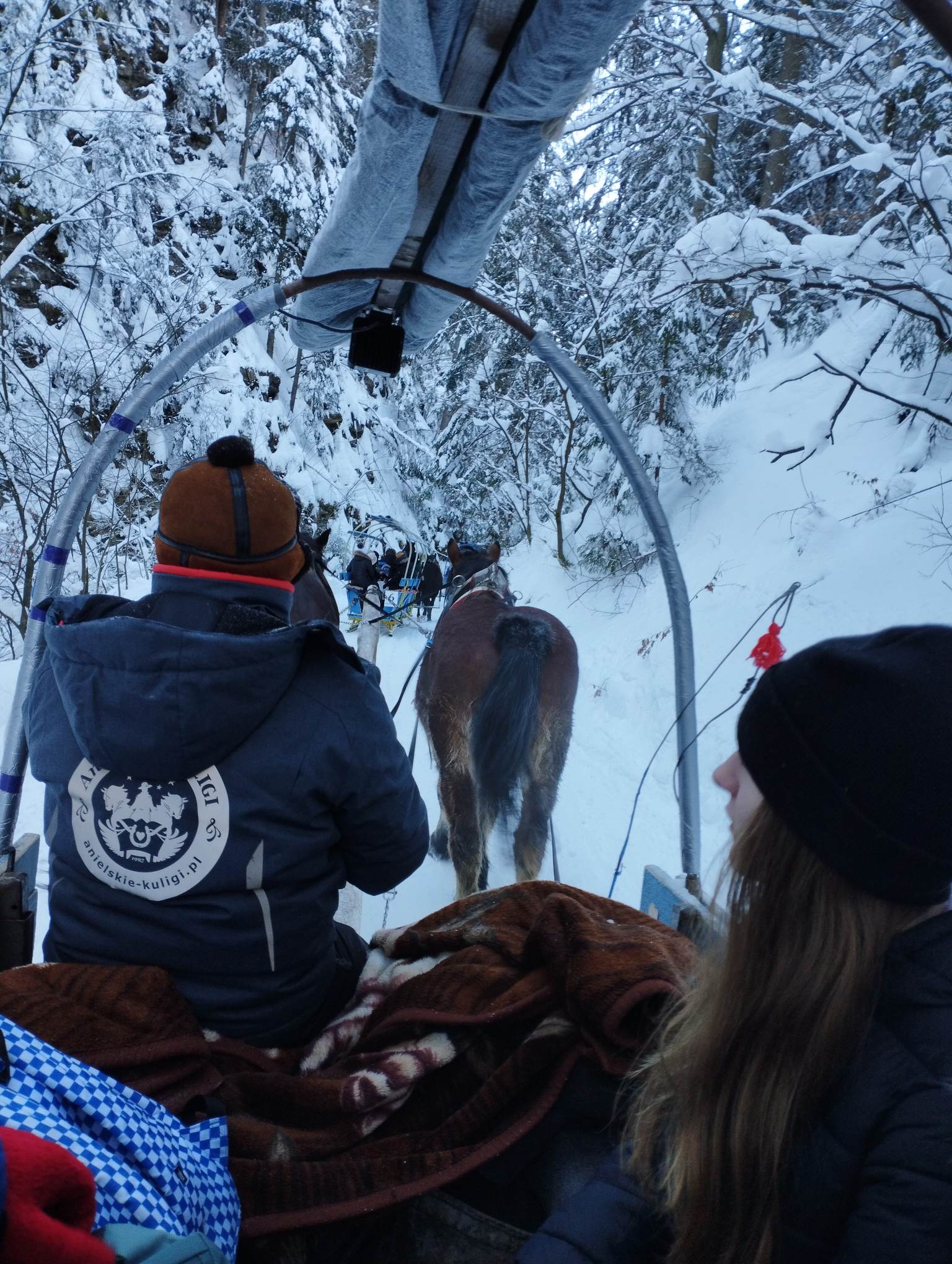 Zdjęcie przedstawia uczniów klasy ósmych podczas kuligu w Wiśle Czarne. 