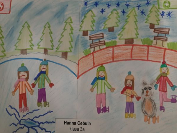 Zdjęcie przedstawia pracę plastyczną wykonaną przez uczennicę klasy 3a nt. "Bezpieczne zabawy zimowe"