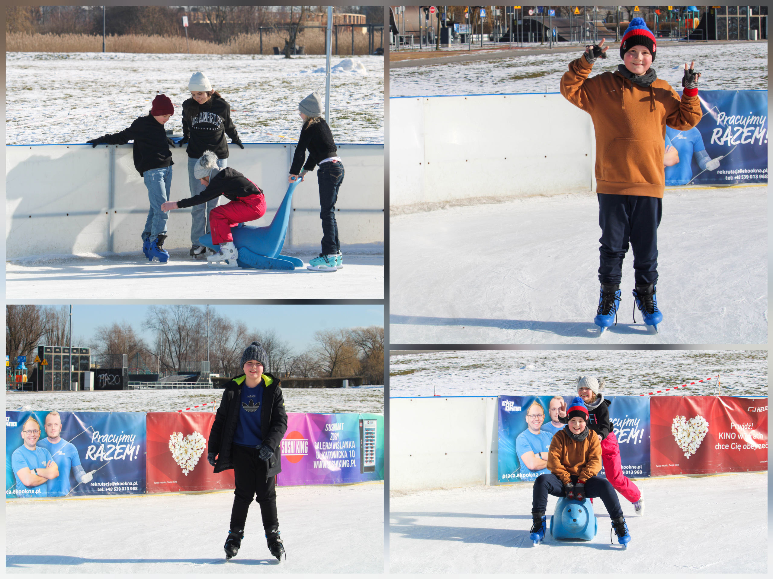 Zdjęcie przedstawia uczennice i uczniów klasy 4A w czasie zabawy na lodowisku.