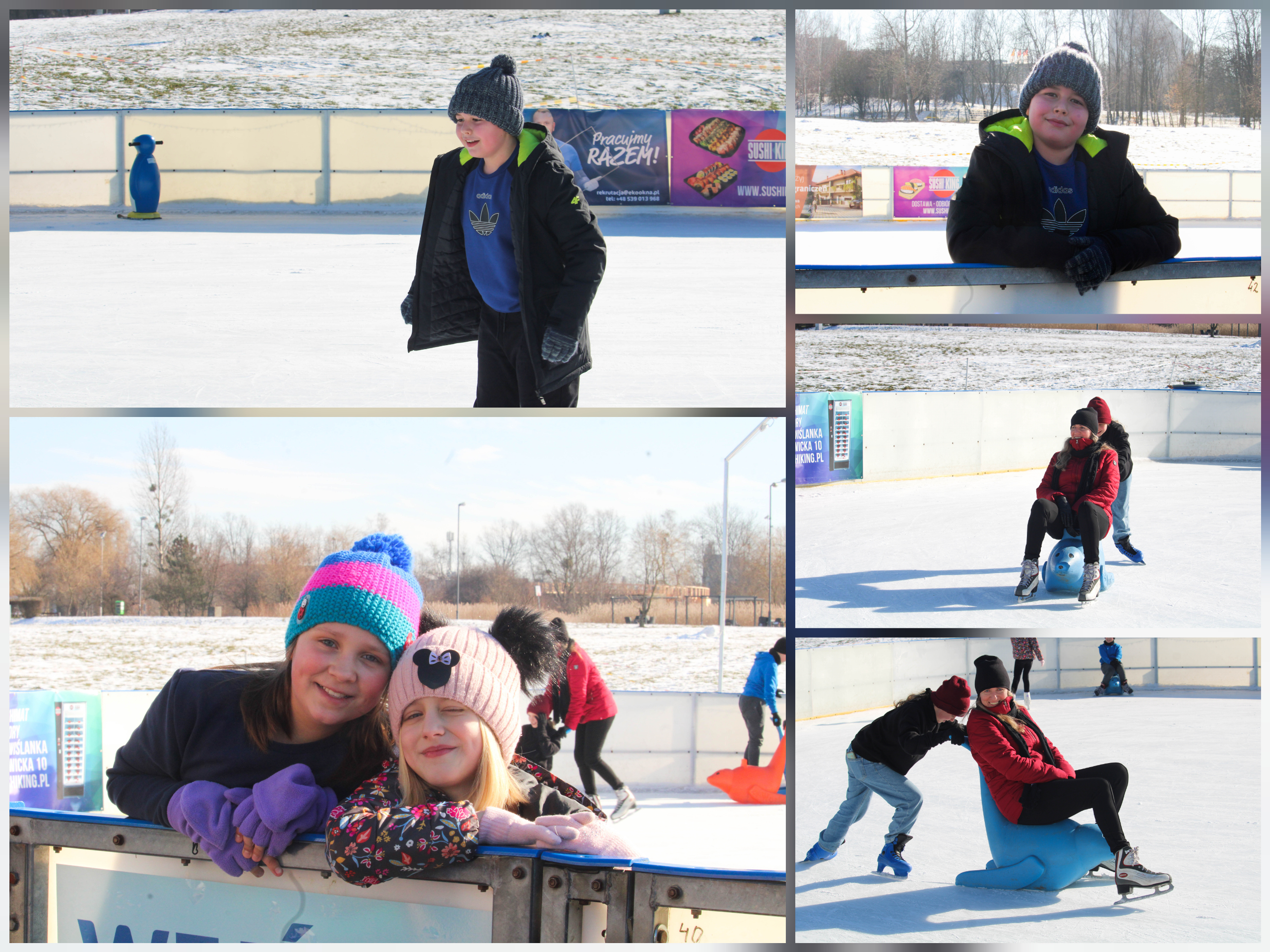 Zdjęcie przedstawia uczennice i uczniów klasy 4A w czasie zabawy na lodowisku.