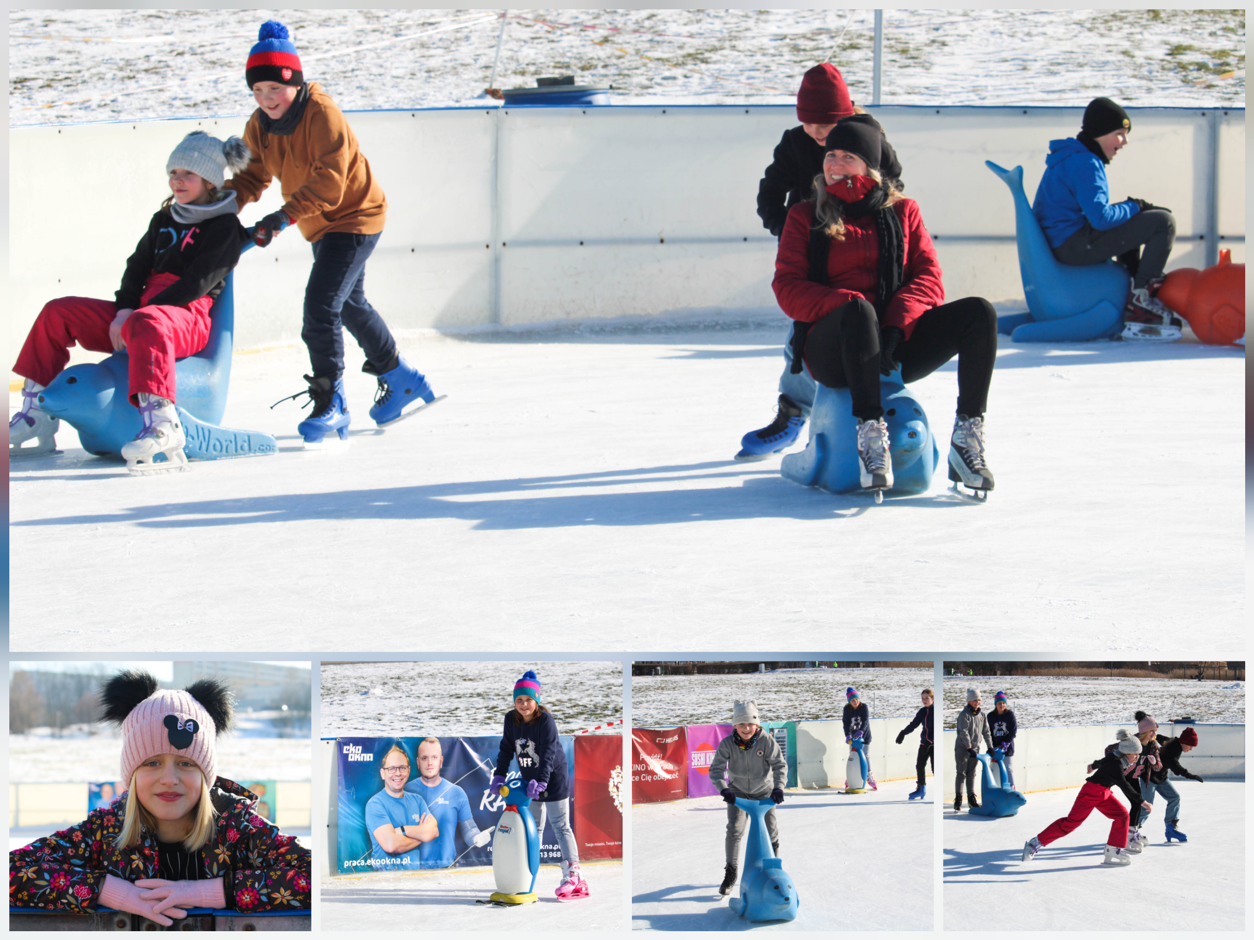 Zdjęcie przedstawia uczennice i uczniów klasy 4A w czasie zabawy na lodowisku.