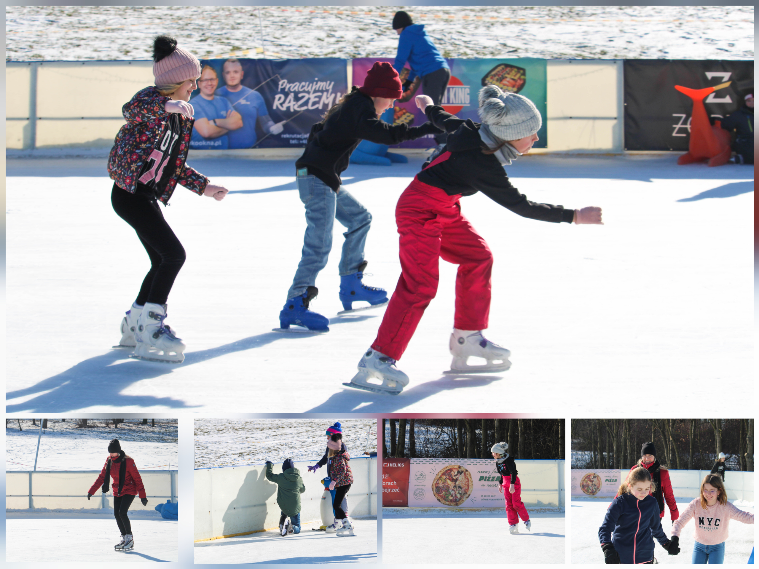 Zdjęcie przedstawia uczennice i uczniów klasy 4A w czasie zabawy na lodowisku.