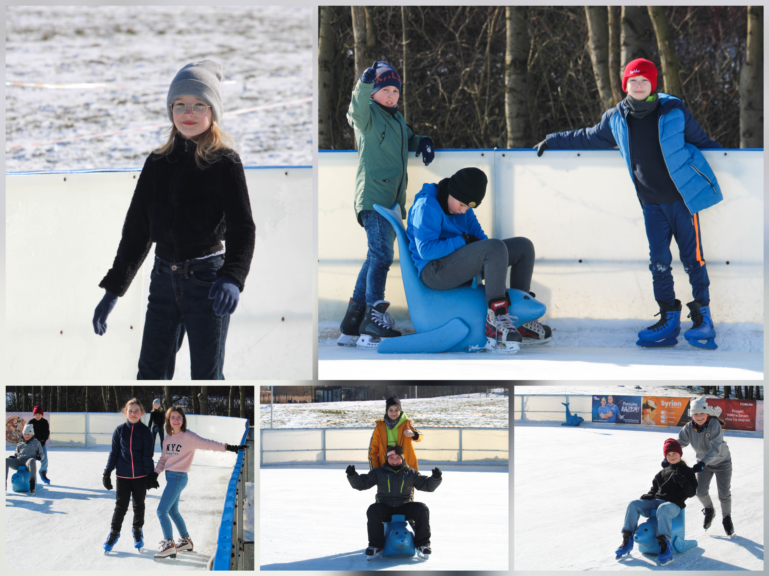 Zdjęcie przedstawia uczennice i uczniów klasy 4A w czasie zabawy na lodowisku.