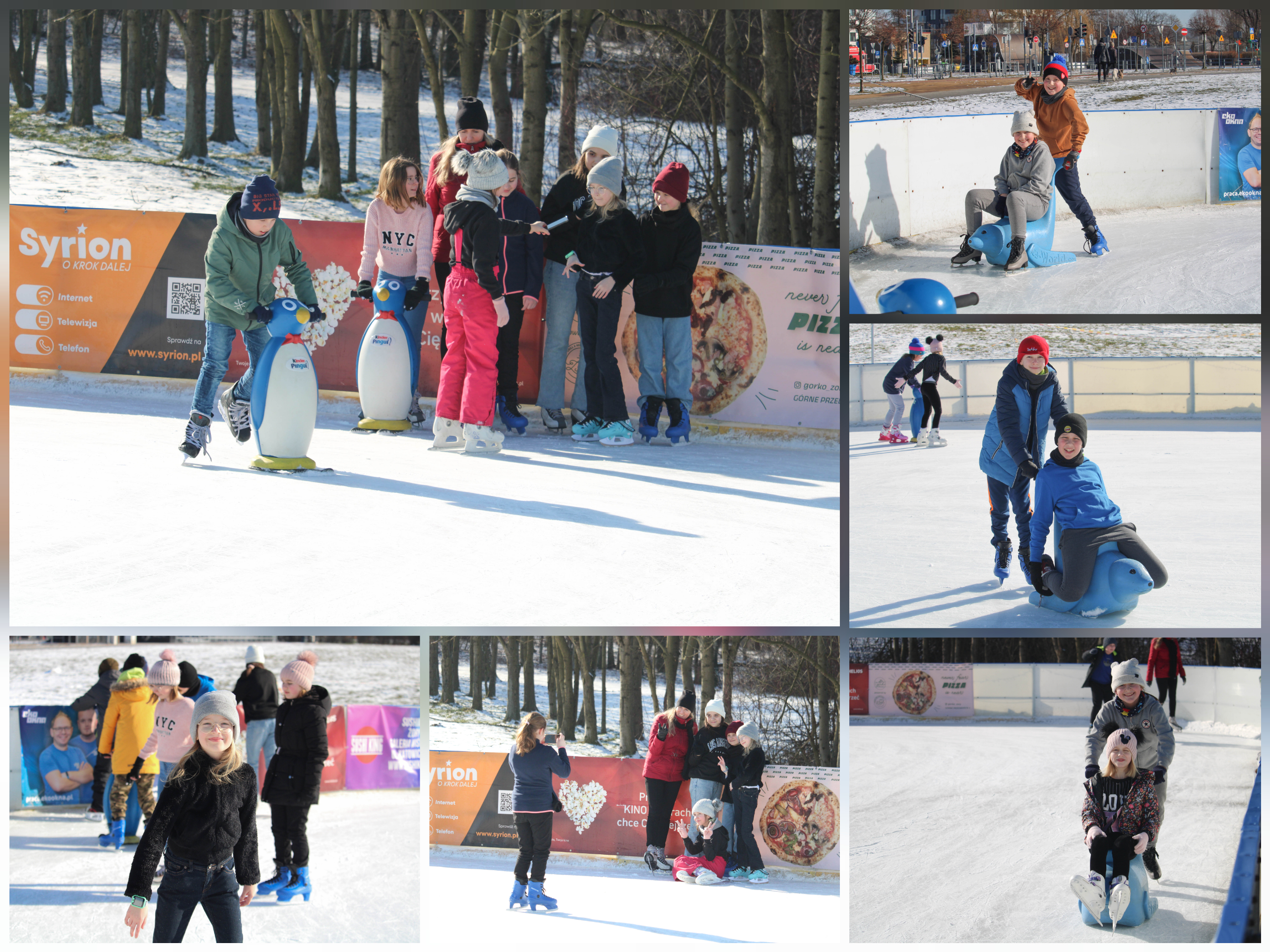 Zdjęcie przedstawia uczennice i uczniów klasy 4A w czasie zabawy na lodowisku.
