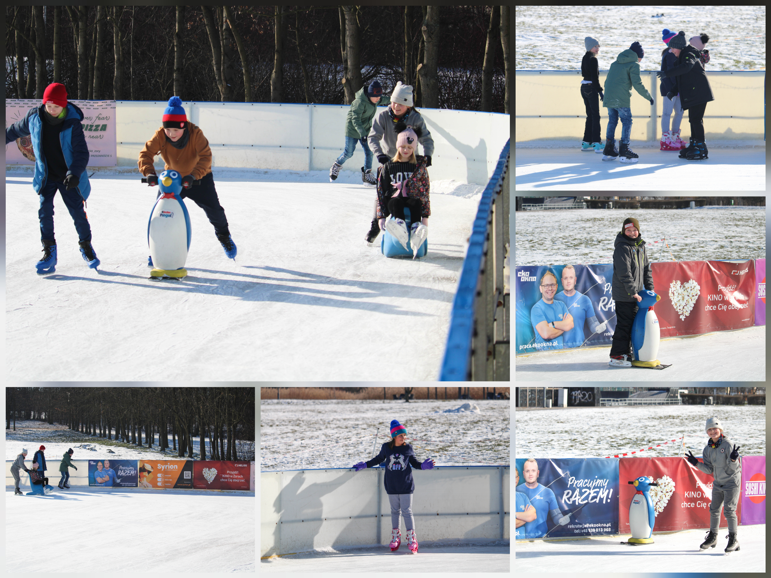 Zdjęcie przedstawia uczennice i uczniów klasy 4A w czasie zabawy na lodowisku.