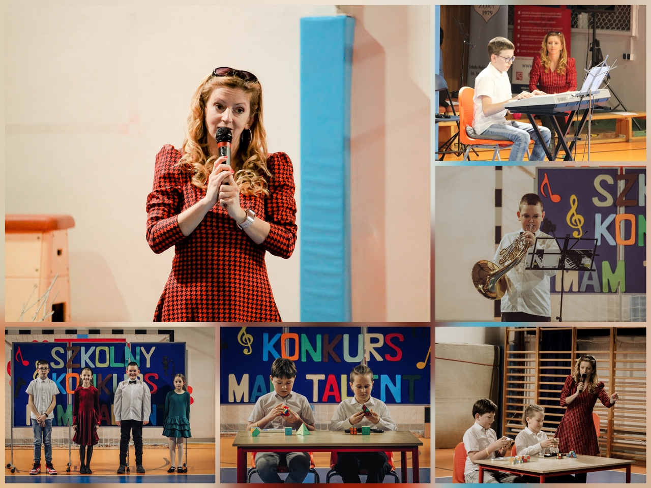 Zdjęcie przedstawia uczestniczki i uczestników Szkolnego Konkursu Mam Talent.