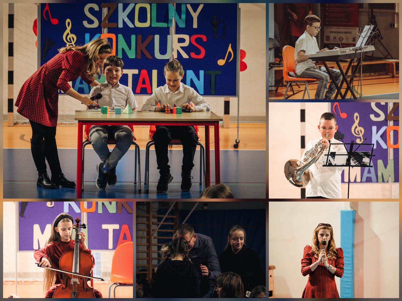 Zdjęcie przedstawia uczestniczki i uczestników Szkolnego Konkursu Mam Talent.