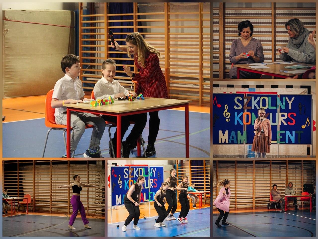 Zdjęcie przedstawia uczestniczki i uczestników Szkolnego Konkursu Mam Talent.