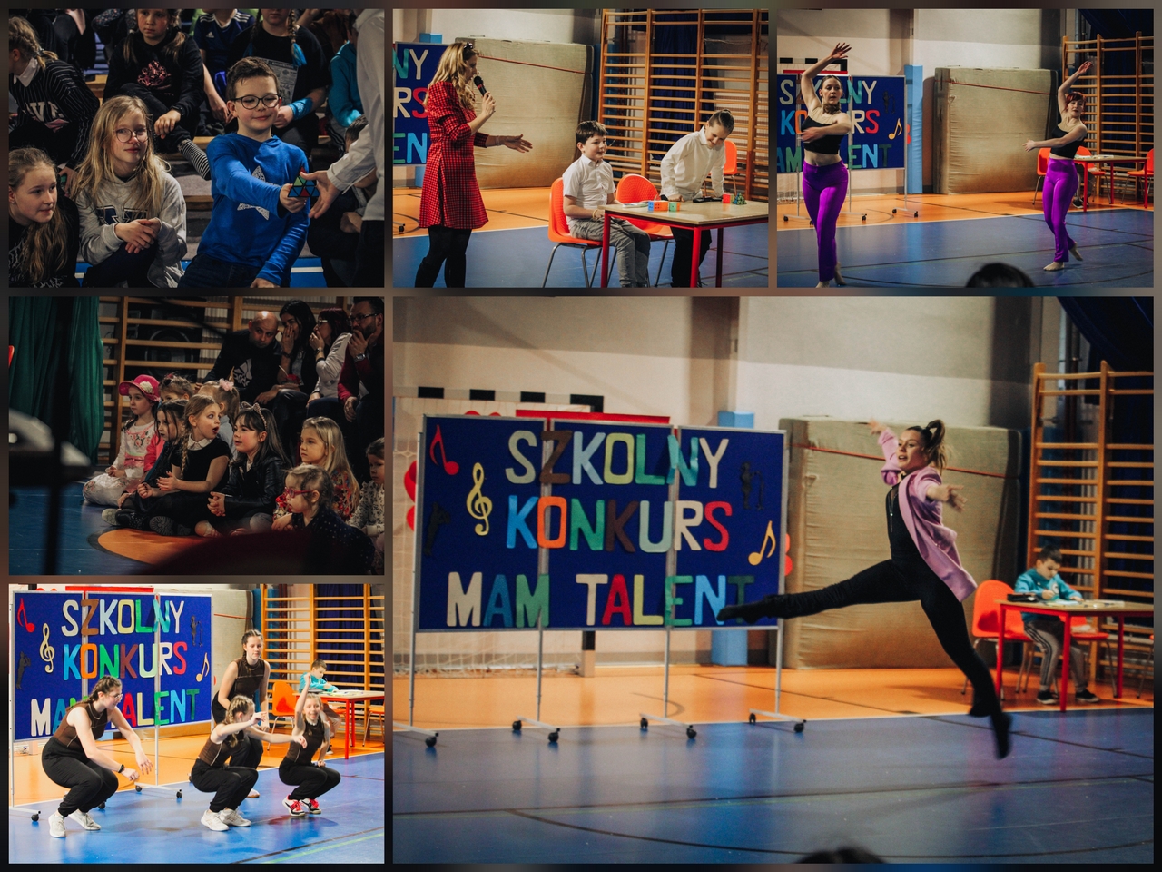 Zdjęcie przedstawia uczestniczki i uczestników Szkolnego Konkursu Mam Talent.