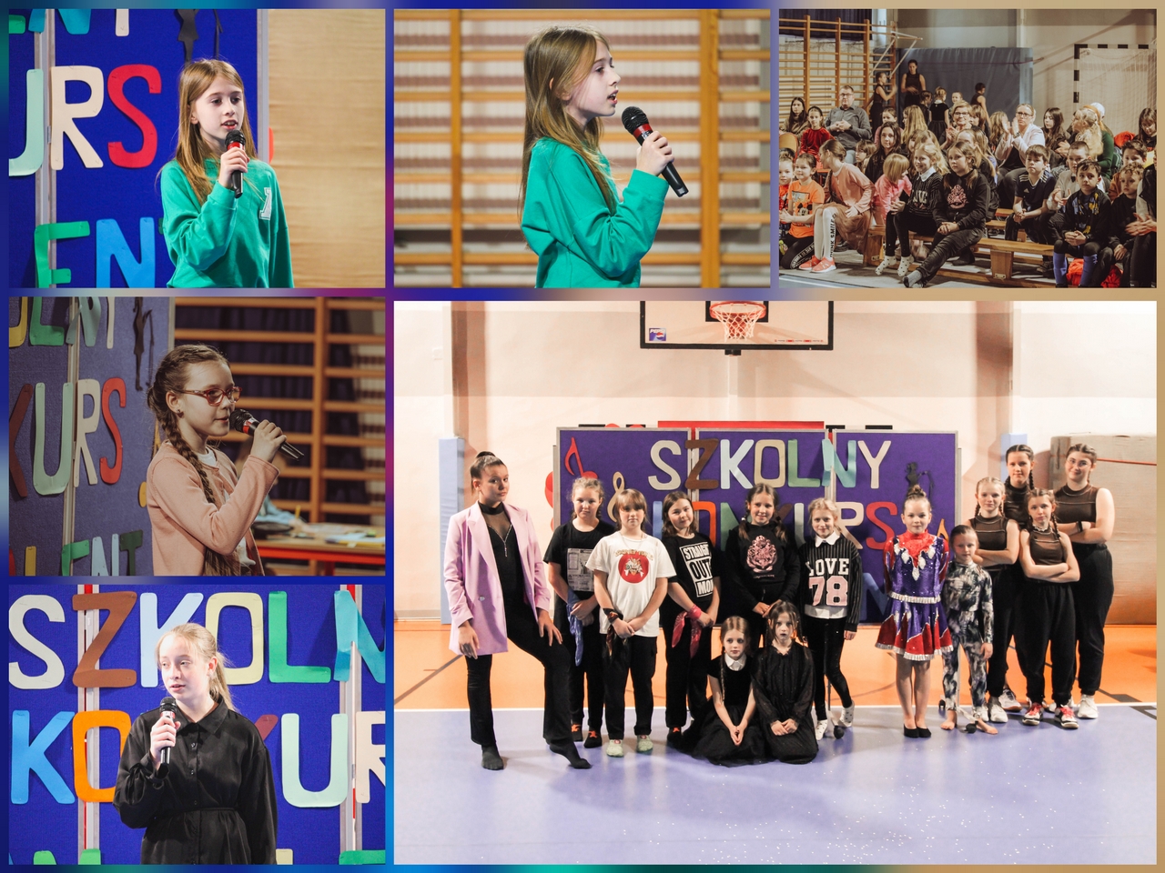 Zdjęcie przedstawia uczestniczki i uczestników Szkolnego Konkursu Mam Talent.