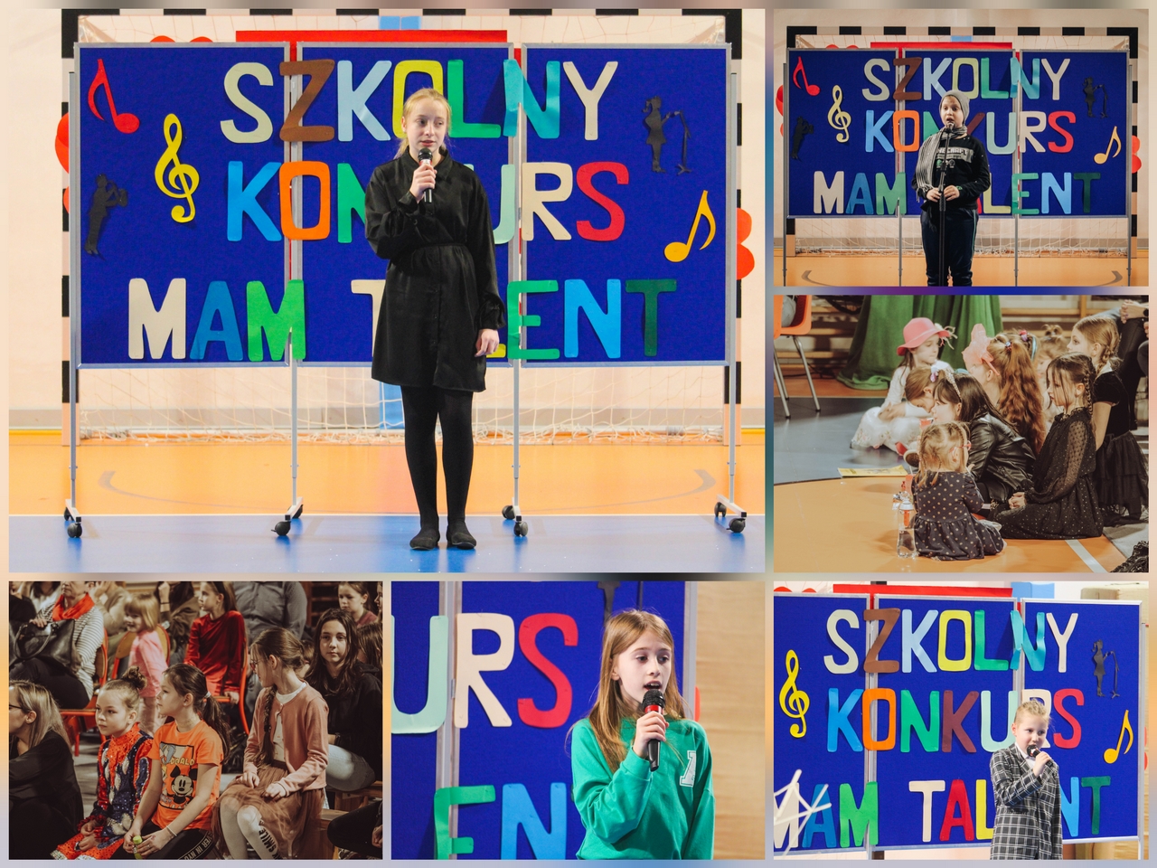 Zdjęcie przedstawia uczestniczki i uczestników Szkolnego Konkursu Mam Talent.