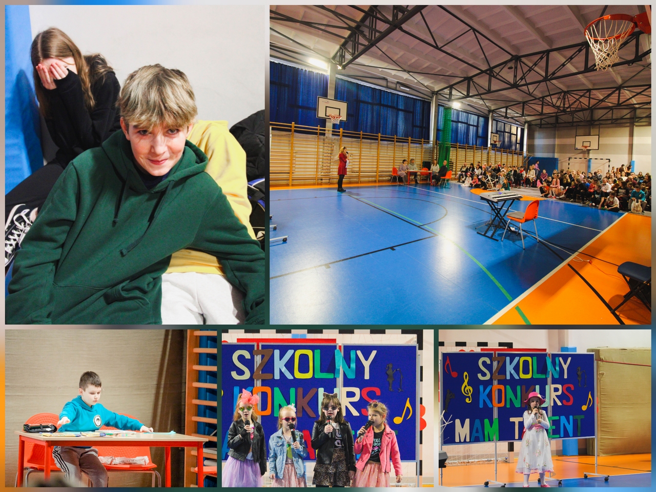 Zdjęcie przedstawia uczestniczki i uczestników Szkolnego Konkursu Mam Talent.