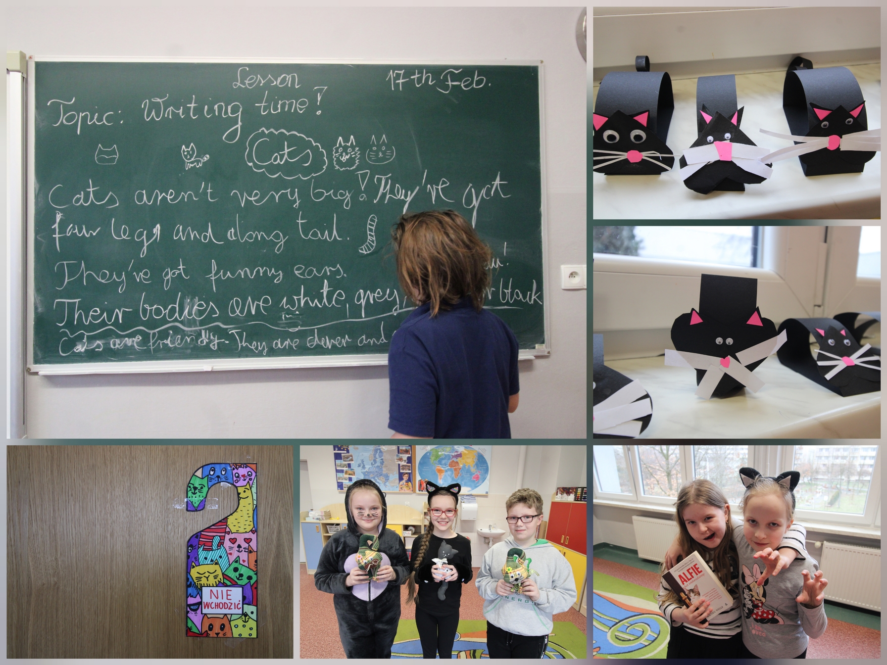 Zdjęcie przedstawia uczniów i uczennice oraz pracowniczki naszej szkoły w czasie różnych aktywności związanych z obchodami Światowego Dnia Kota.