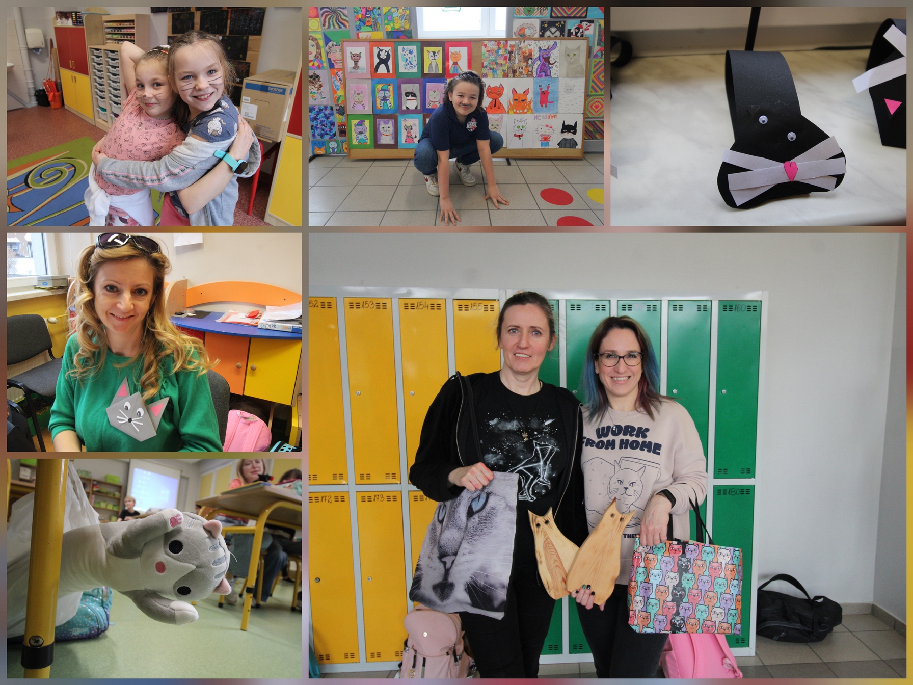 Zdjęcie przedstawia uczniów i uczennice oraz pracowniczki naszej szkoły w czasie różnych aktywności związanych z obchodami Światowego Dnia Kota.