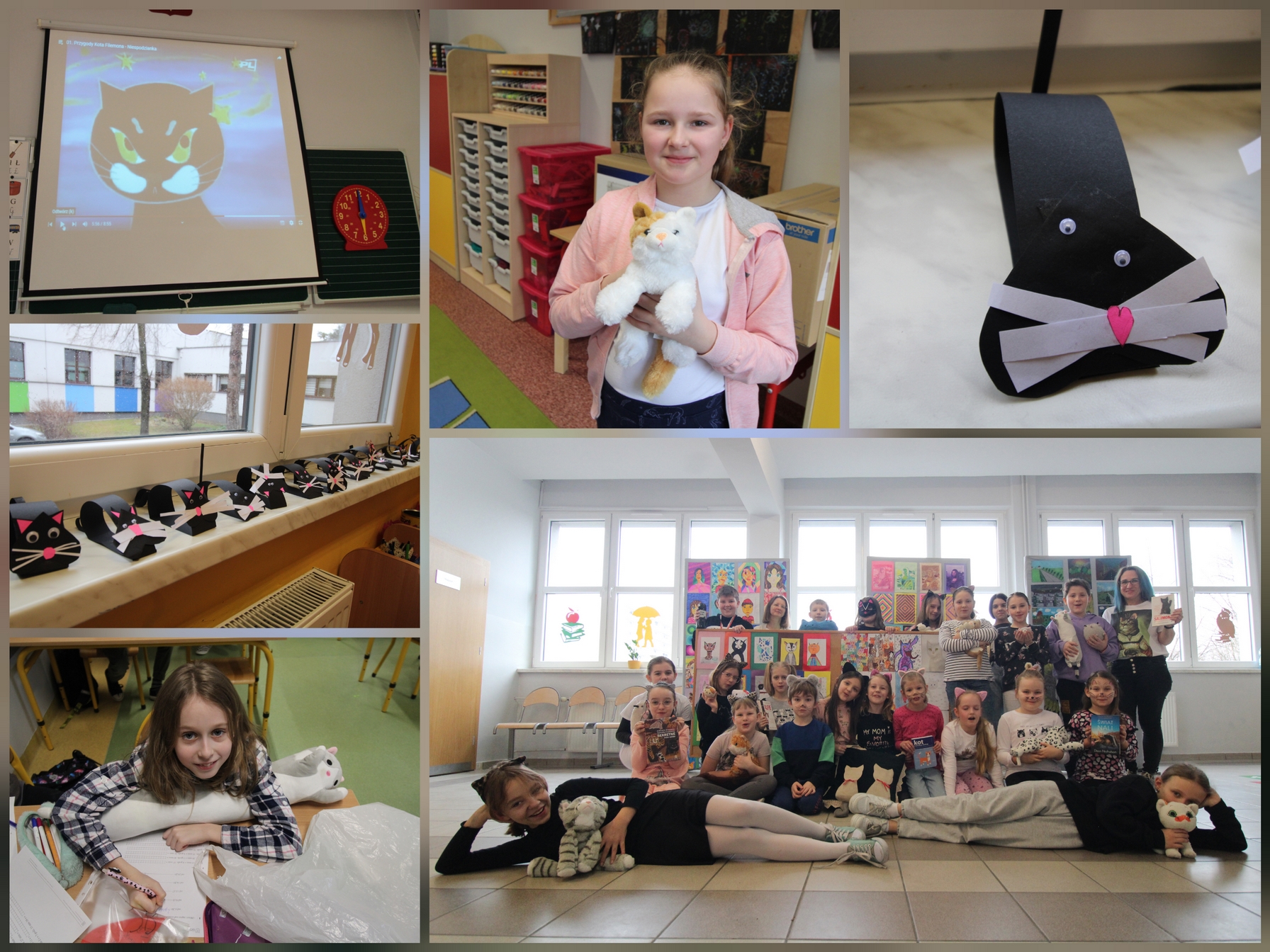 Zdjęcie przedstawia uczniów i uczennice oraz pracowniczki naszej szkoły w czasie różnych aktywności związanych z obchodami Światowego Dnia Kota.