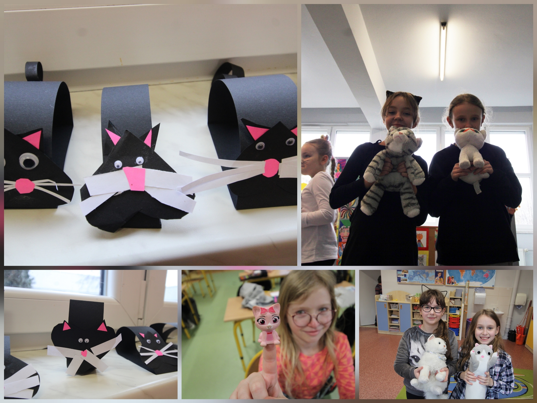 Zdjęcie przedstawia uczniów i uczennice oraz pracowniczki naszej szkoły w czasie różnych aktywności związanych z obchodami Światowego Dnia Kota.