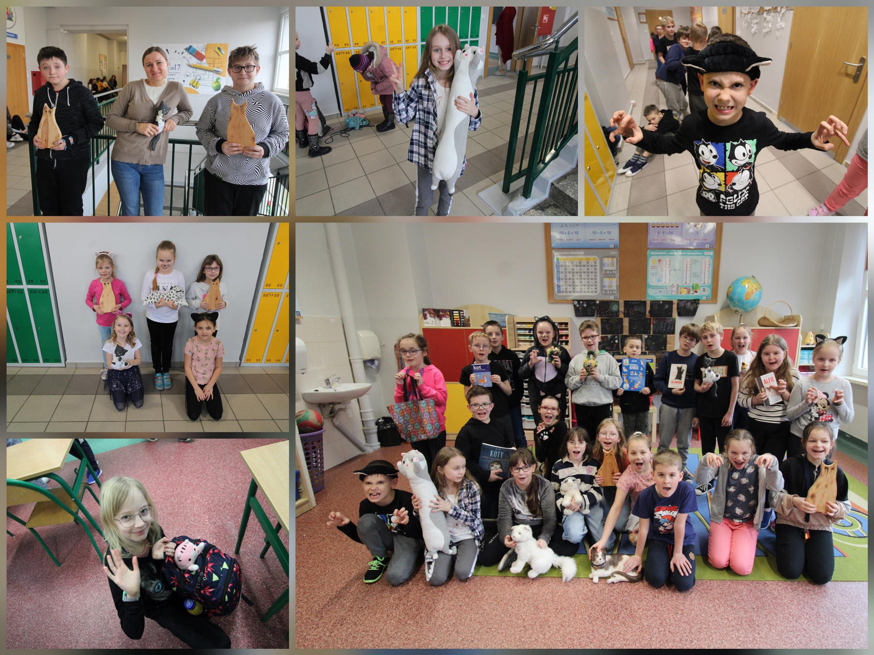 Zdjęcie przedstawia uczniów i uczennice oraz pracowniczki naszej szkoły w czasie różnych aktywności związanych z obchodami Światowego Dnia Kota.