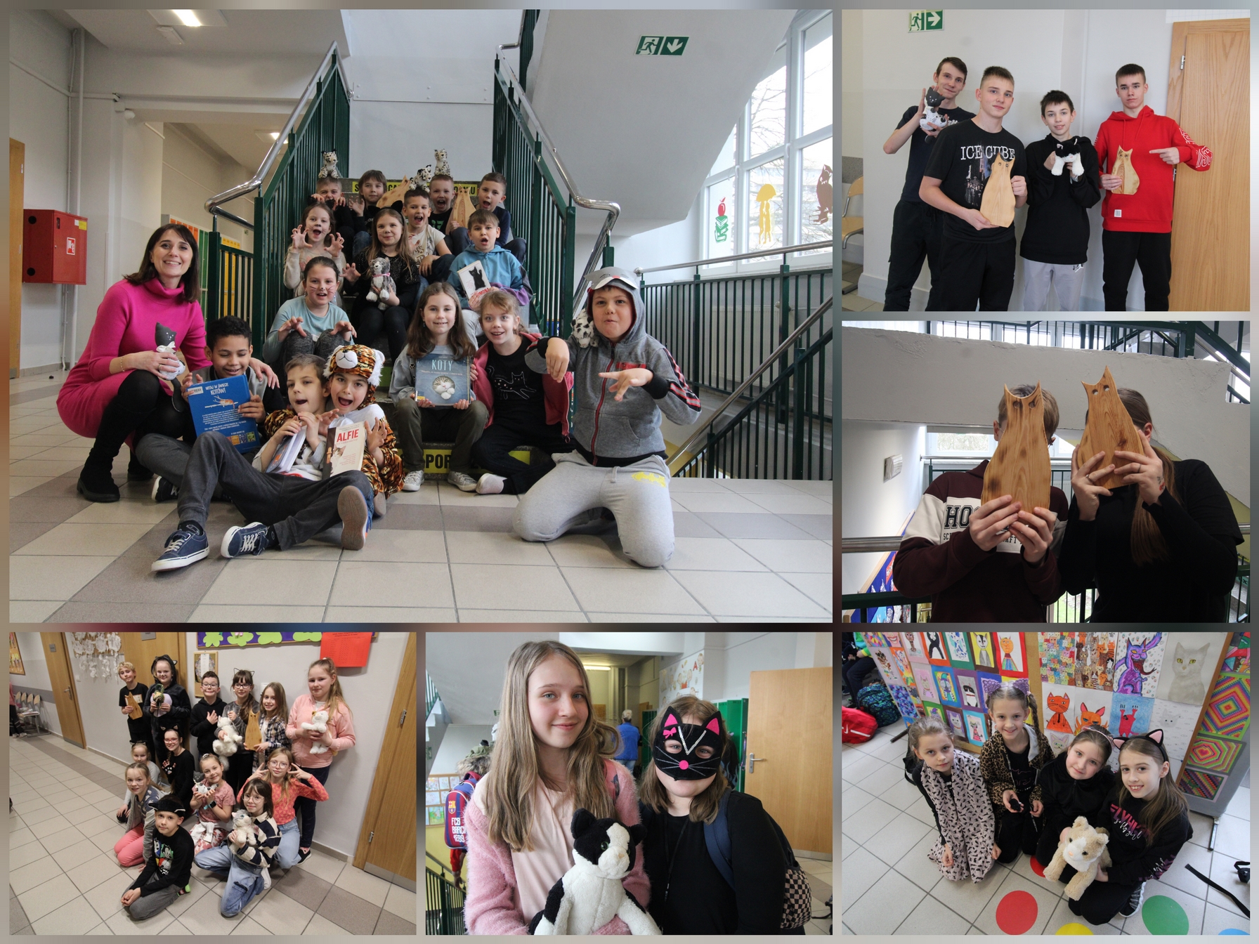 Zdjęcie przedstawia uczniów i uczennice oraz pracowniczki naszej szkoły w czasie różnych aktywności związanych z obchodami Światowego Dnia Kota.