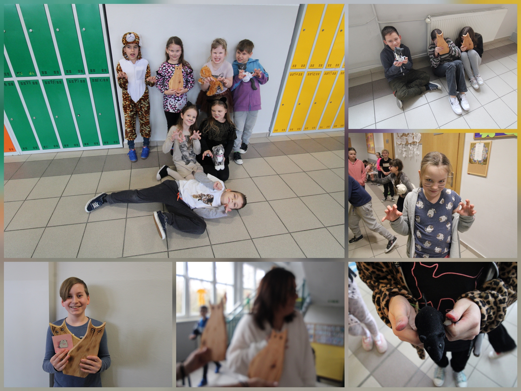 Zdjęcie przedstawia uczniów i uczennice oraz pracowniczki naszej szkoły w czasie różnych aktywności związanych z obchodami Światowego Dnia Kota.